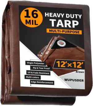 Tarps Heavy Duty Waterproof 12x12ft, 16Mil Poly Tarps with Grommets, UV Resistant, Brown Multipurpose Tarpaulin with Reinforced Edges, Camping, Outdoor Coverings