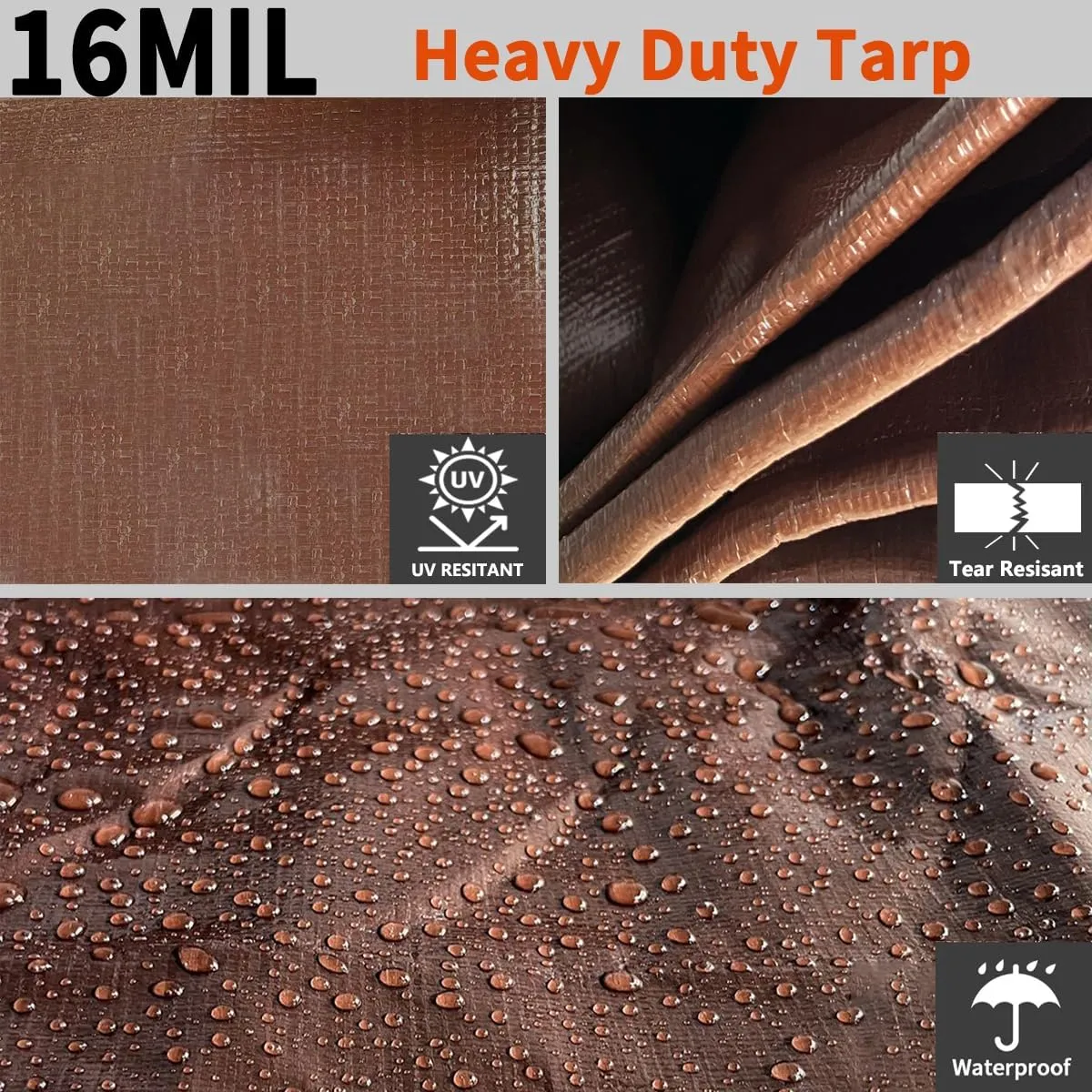 Tarps Heavy Duty Waterproof 12x12ft, 16Mil Poly Tarps with Grommets, UV Resistant, Brown Multipurpose Tarpaulin with Reinforced Edges, Camping, Outdoor Coverings