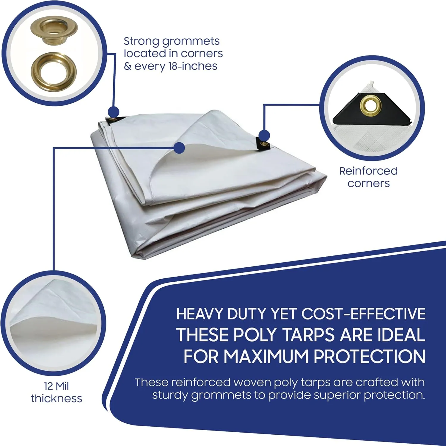 Tarps Now 10x10 Feet Poly Tarp |12 MIL Heavy Duty Waterproof Cover |Rip and Tear Proof Plastic Tarp with Rustproof Aluminum Grommets & Reinforced Edges |Ideal for Roof Repairs, Landscaping-White