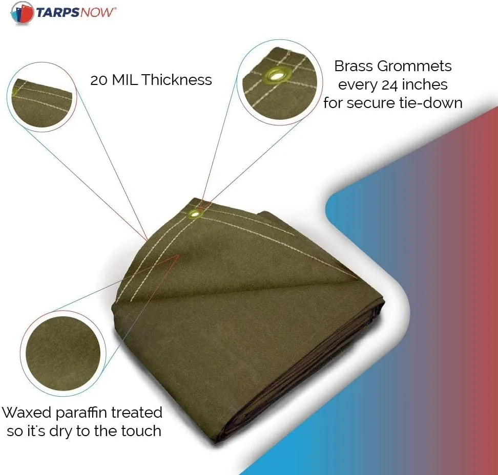 Tarps Now 8x12 ft Heavy Duty Canvas Tarp | 20 MIL Commercial Grade, Tear Resistant, Reinforced Edges, Brass Grommets | Ideal for Construction, Trucking, Manufacturing, Automotive – Olive Color