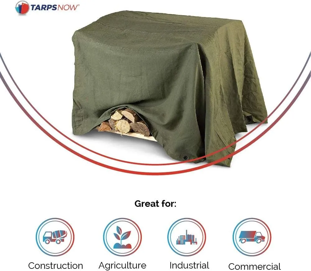 Tarps Now 8x12 ft Heavy Duty Canvas Tarp | 20 MIL Commercial Grade, Tear Resistant, Reinforced Edges, Brass Grommets | Ideal for Construction, Trucking, Manufacturing, Automotive – Olive Color