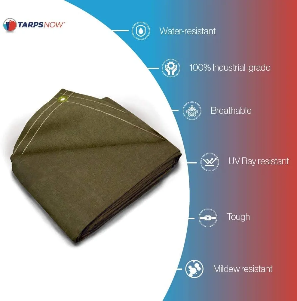 Tarps Now 8x12 ft Heavy Duty Canvas Tarp | 20 MIL Commercial Grade, Tear Resistant, Reinforced Edges, Brass Grommets | Ideal for Construction, Trucking, Manufacturing, Automotive – Olive Color
