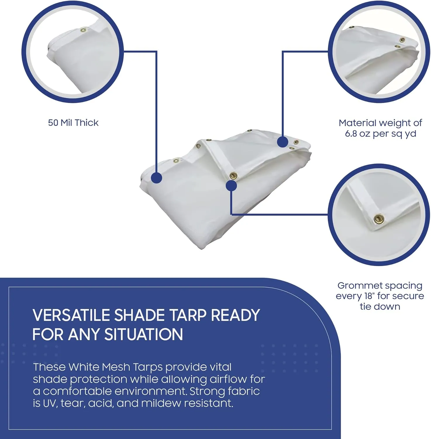 Tarps Now Heavy Duty Mesh Tarp, (6' X 10') with 75% Shade and Brass Grommets - Multipurpose Protective Cover Tarpaulin with Air Flow for Tie Downs, Shade, Fences, Canopies, Dump Trucks - White