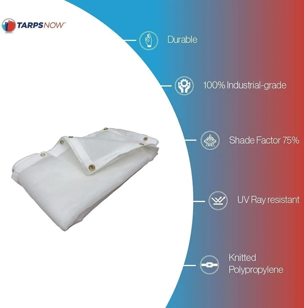 Tarps Now Heavy Duty Mesh Tarp, (6' X 10') with 75% Shade and Brass Grommets - Multipurpose Protective Cover Tarpaulin with Air Flow for Tie Downs, Shade, Fences, Canopies, Dump Trucks - White