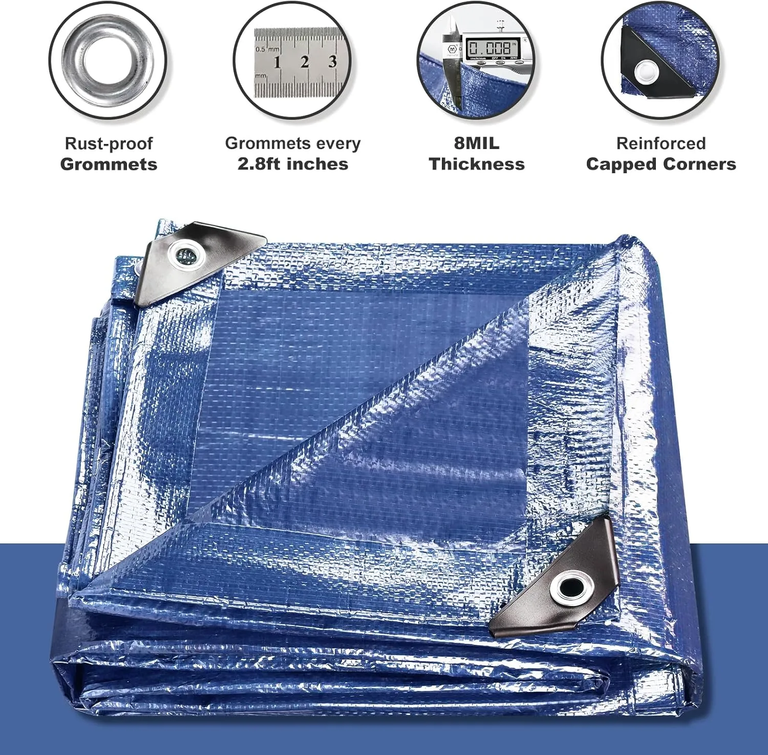 Tarps Waterproof 10x12 Feet, 2 Pack Heavy Duty Blue Tarp Cover 8 Mil Thick, Resistant Plastic Tarpaulin with Metal Grommets, Outdoor Tent Cover for Emergency Rain