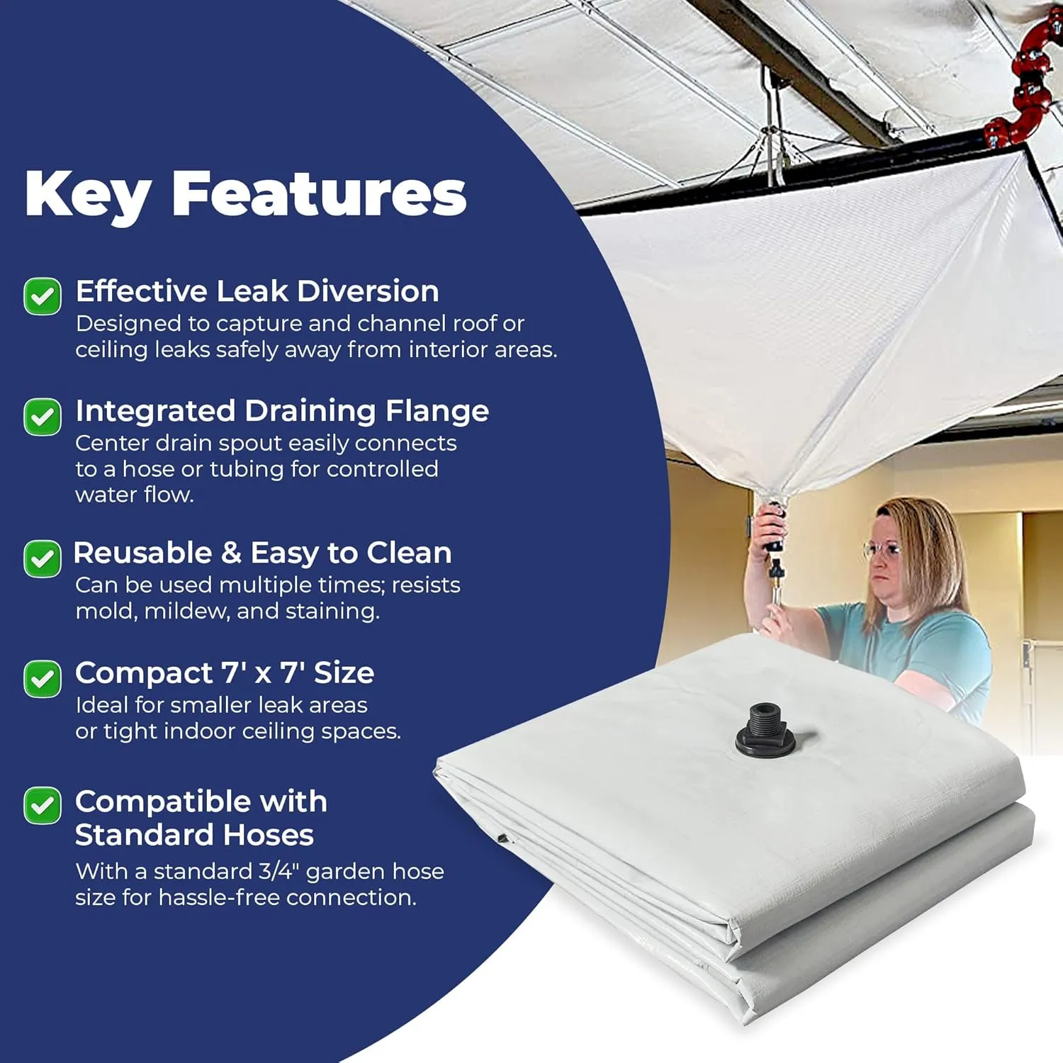 TarpsNow® Ceiling Leak Drainage Tarp - Waterproof Roof Leak Drainage with Deep Draining Flange & D-Rings - Heavy Duty Rain Drain Diverter - Water Catcher/Sealer - Reusable Leak Diverter - 7' x 7'