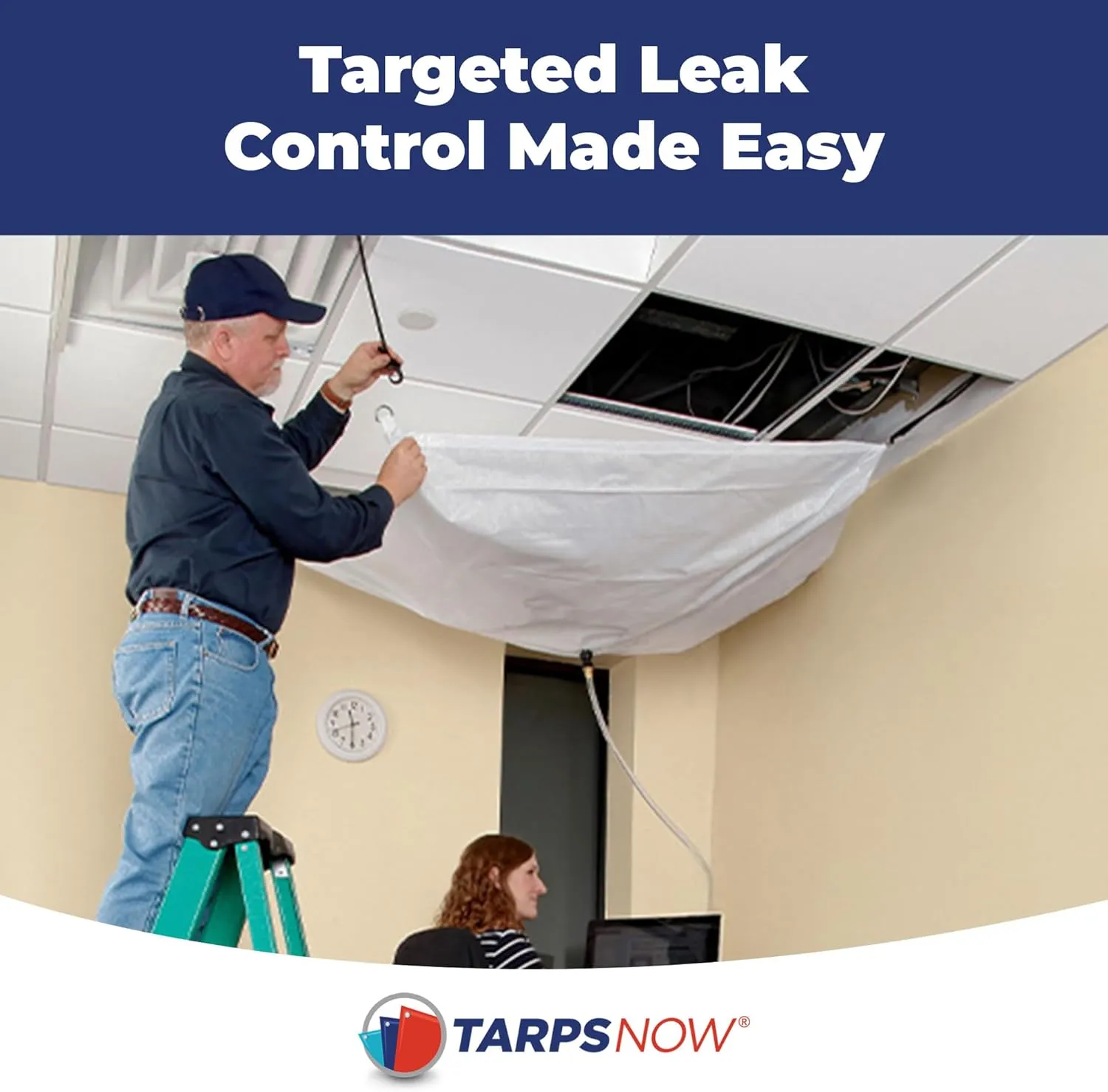 TarpsNow® Ceiling Leak Drainage Tarp - Waterproof Roof Leak Drainage with Deep Draining Flange & D-Rings - Heavy Duty Rain Drain Diverter - Water Catcher/Sealer - Reusable Leak Diverter - 7' x 7'