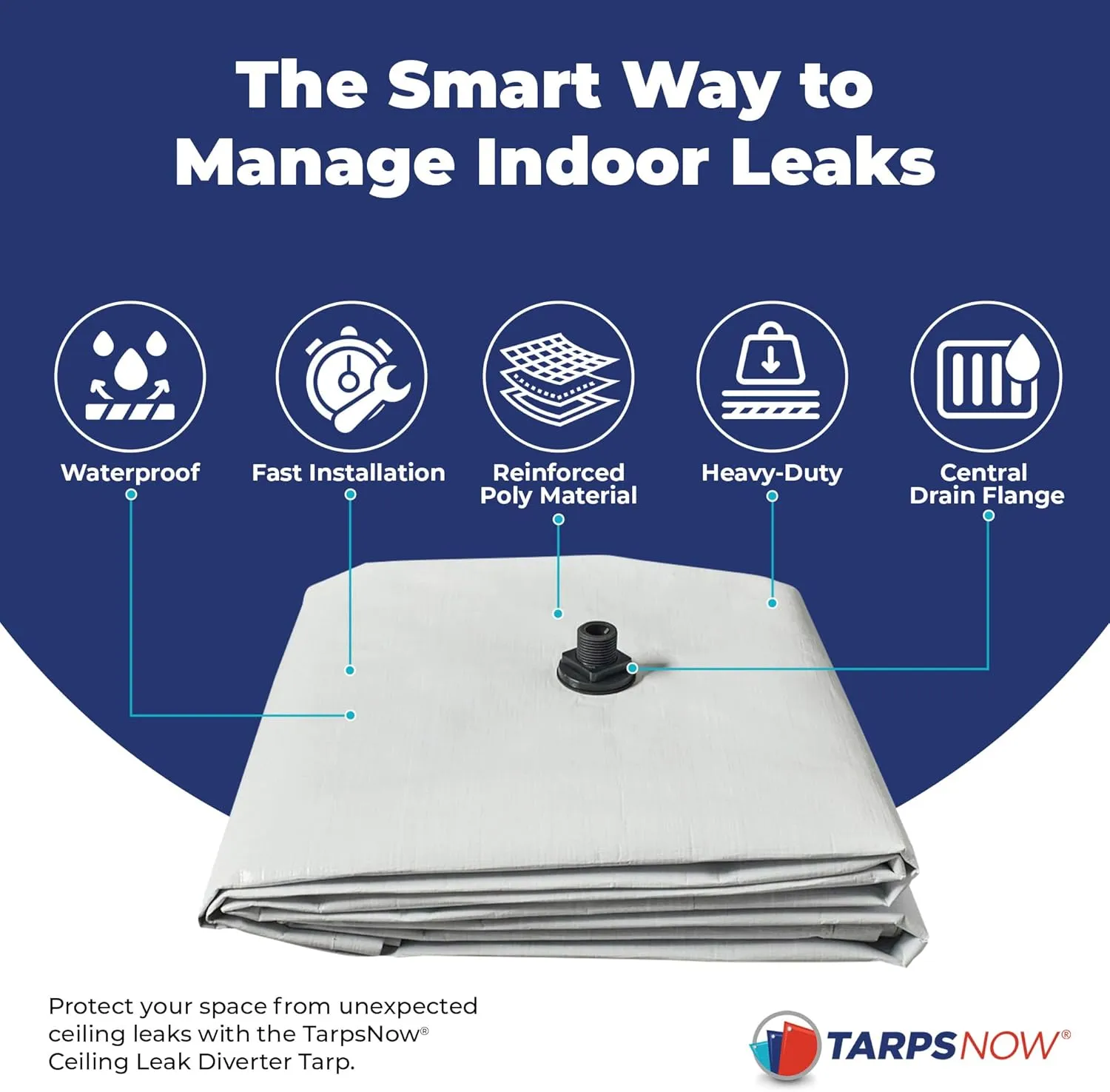 TarpsNow® Ceiling Leak Drainage Tarp - Waterproof Roof Leak Drainage with Deep Draining Flange & D-Rings - Heavy Duty Rain Drain Diverter - Water Catcher/Sealer - Reusable Leak Diverter - 7' x 7'