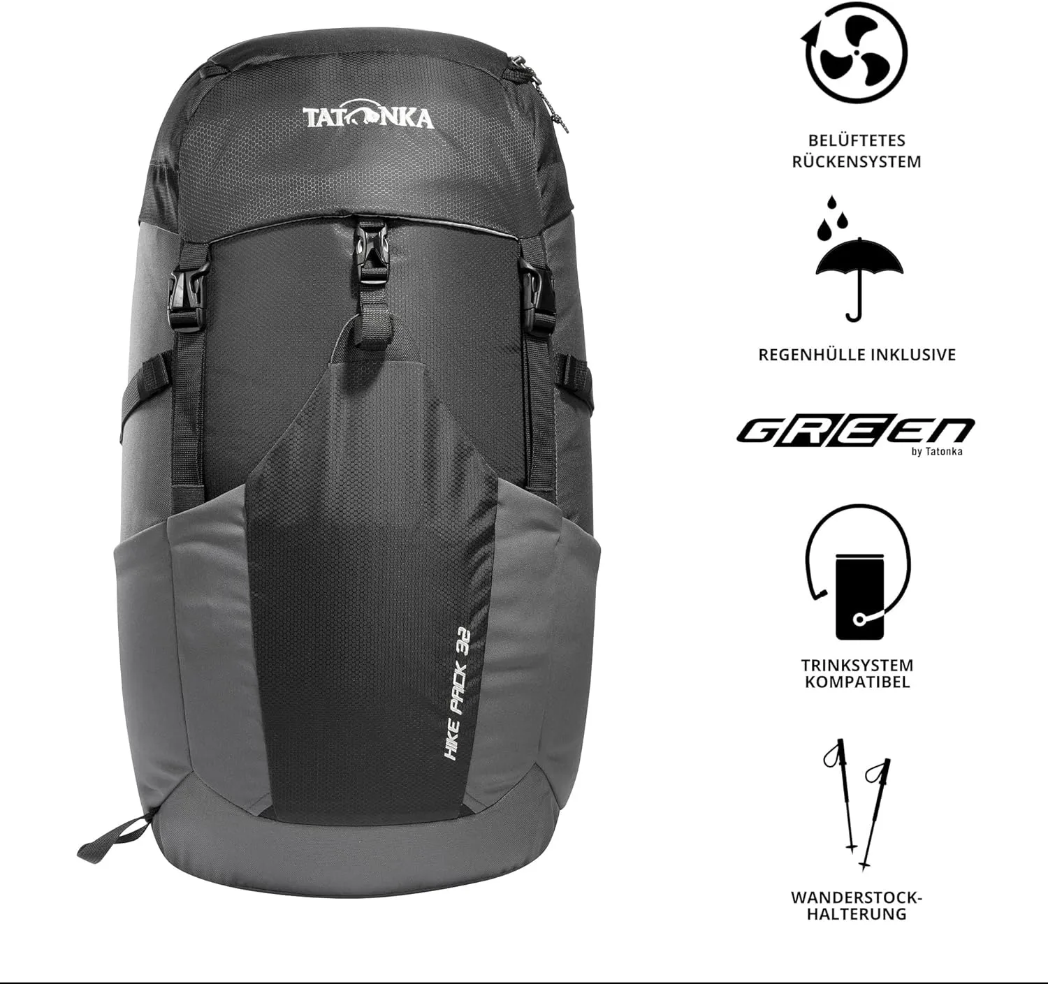 Tatonka Hiking Backpack with 32 Litre Volume and Ventilated Back, Black/Titan Grey, 32 Liter