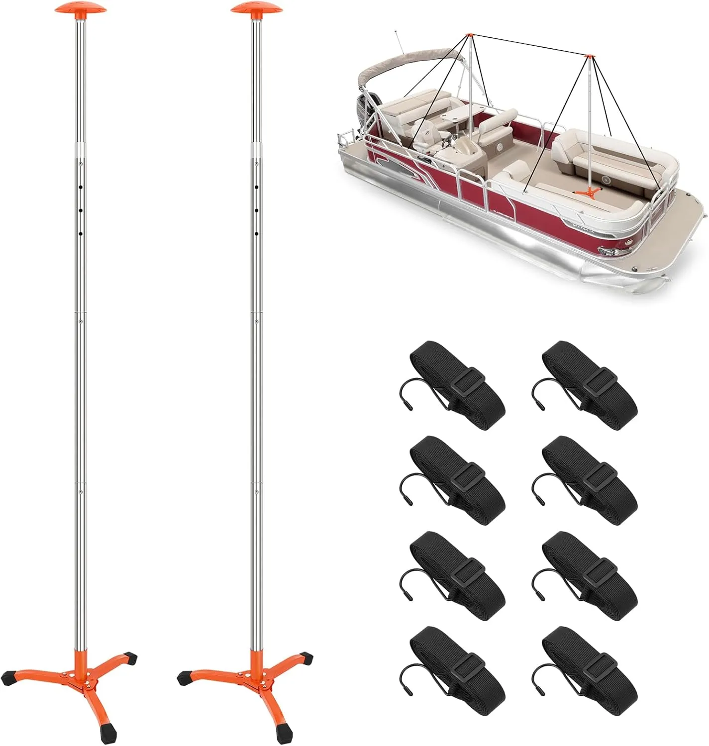 Telescopic Cover Support Pole 2 Pack Silver Stainless Steel Support Rod with 8 Ropes and Steel Base, Foldable Marine Canopy Pole, Suitable for Yachts, Fishing Boats (Maximum 61 in)