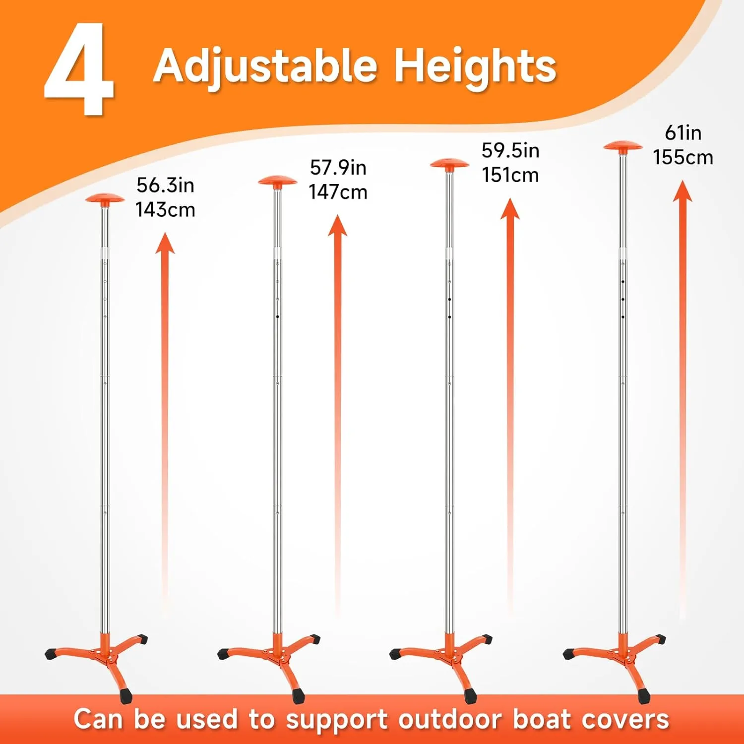 Telescopic Cover Support Pole 2 Pack Silver Stainless Steel Support Rod with 8 Ropes and Steel Base, Foldable Marine Canopy Pole, Suitable for Yachts, Fishing Boats (Maximum 61 in)