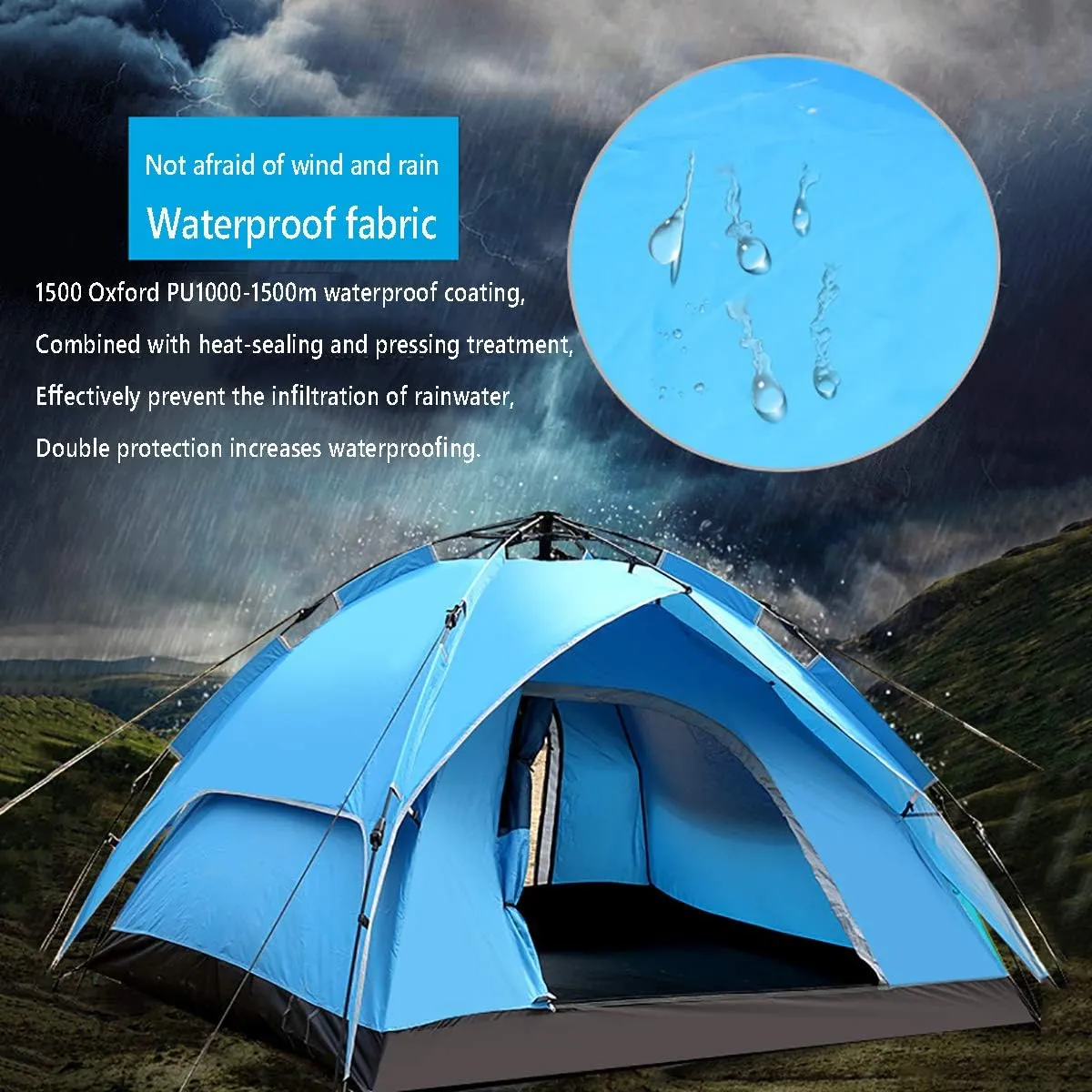 Tent, Automatic Tent Outdoor 3-4 Person Double Layer Tent, Double Multiplayer Camping Camping Beach Tent,Blue