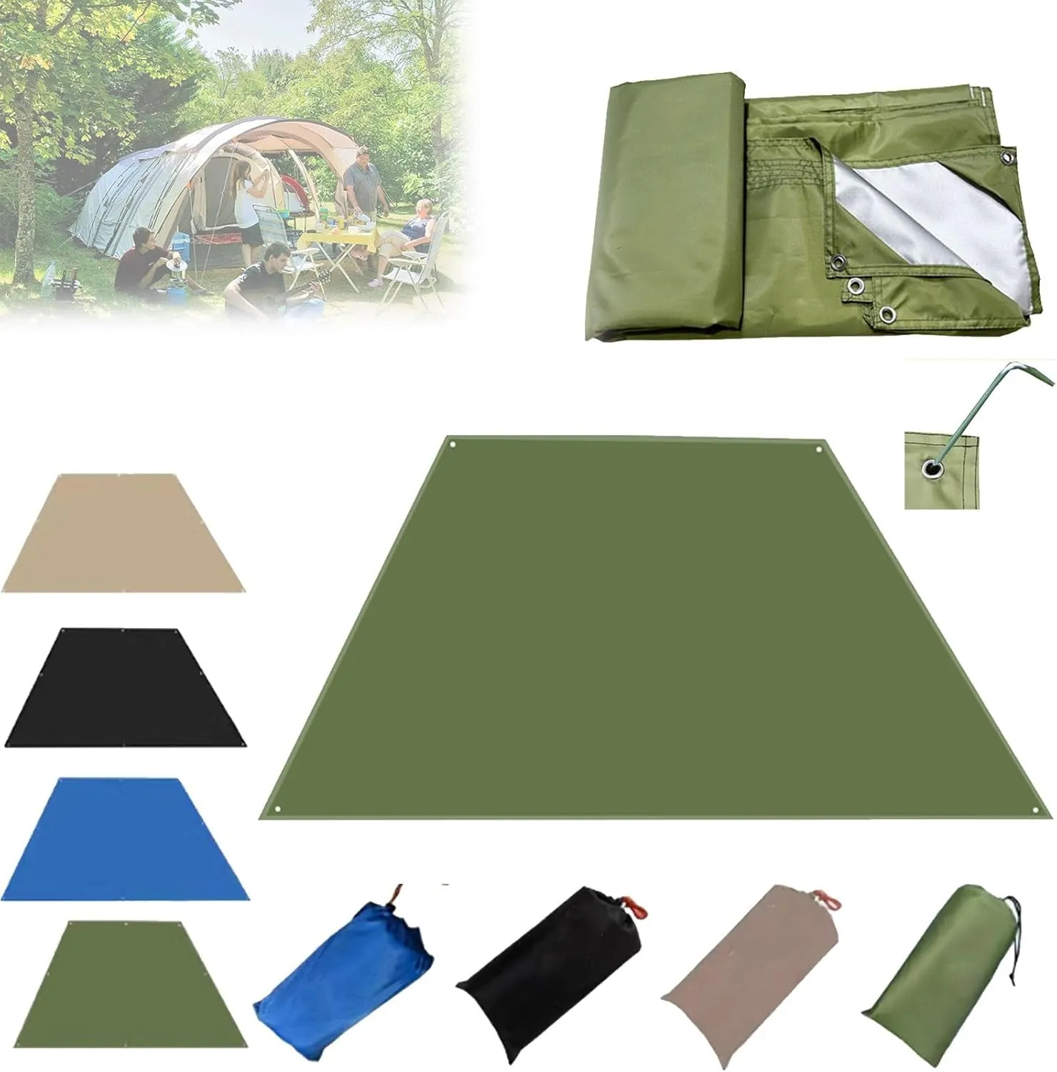 Tent Footprint, Waterproof Camping Tarp with Ground Spikes, Oxford Cloth Ground Tarp with Backpack Storage, Moisture Proof Floor Mat for Outdoor Hiking Camping(Green,2.1x1)