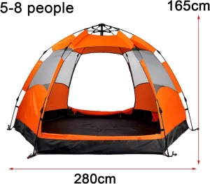 Tent Outdoor Camping Outing Pop up Camping Tent with Pad&Hall Pole&Rainproof Account, 5-8 People Double Hexagonal Beach Automatic Tent, Outdoor Beach Tent Sun Protection (Orange 280X280X165Cm)