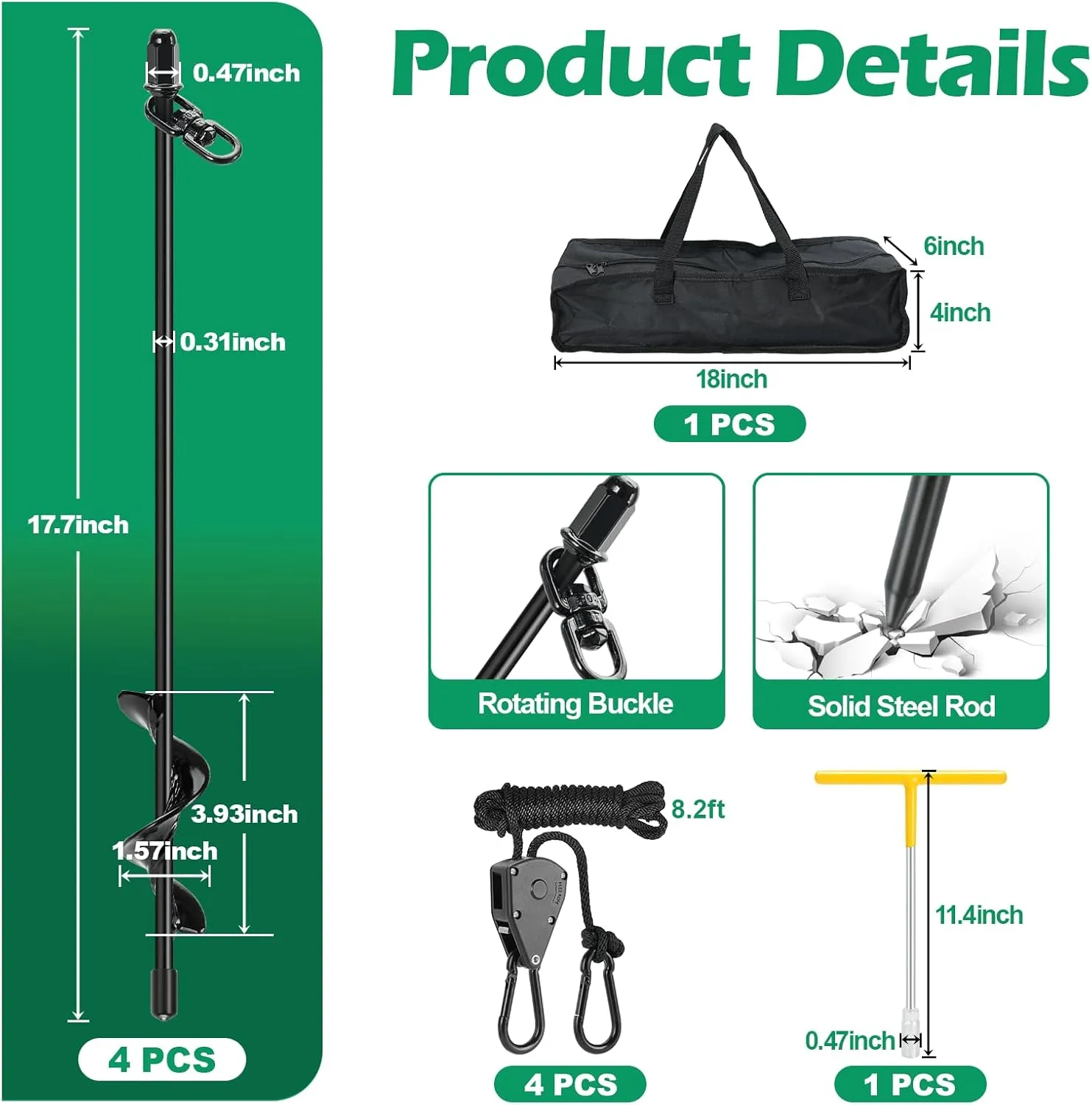Tent Stake Heavy Duty Kit for High Winds, 4 Pack 17.7" Ground Anchors Screw-in, with Retractable Tie-Down Straps Ropes, Earth Anchors Kit for Campers, Temporary Tents, RV, Awning, Gazebos,Carport