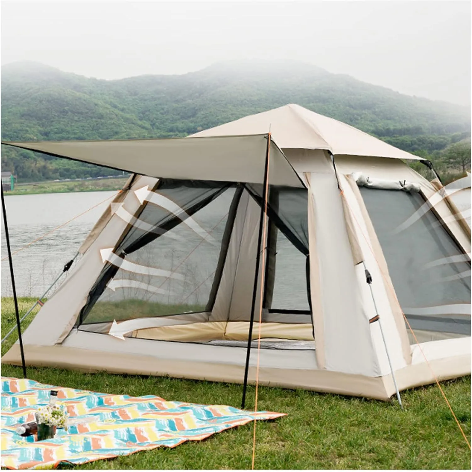 Tepee Tent 4 People Double Doors and Four Windows, Instant Tent Light Sturdy Family Tents for Camping, Hiking, Mountaineering