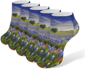 Texas Bluebonnets Scenery Ankle Socks for Men & Women, 5 Pairs Breathable Soft Low Cut Socks, Stretch Sweat Wicking Sox