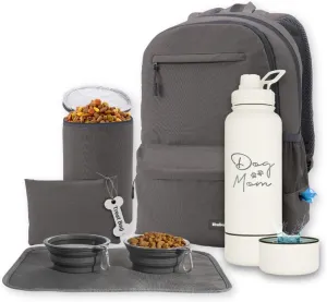 The Original Doggy Bag Backpack (Dark Grey) & 32 oz Insulated Water Bottle with Attached 8 oz Bowl (Dog Mom) – Dog Travel Backpack & Hydration Set