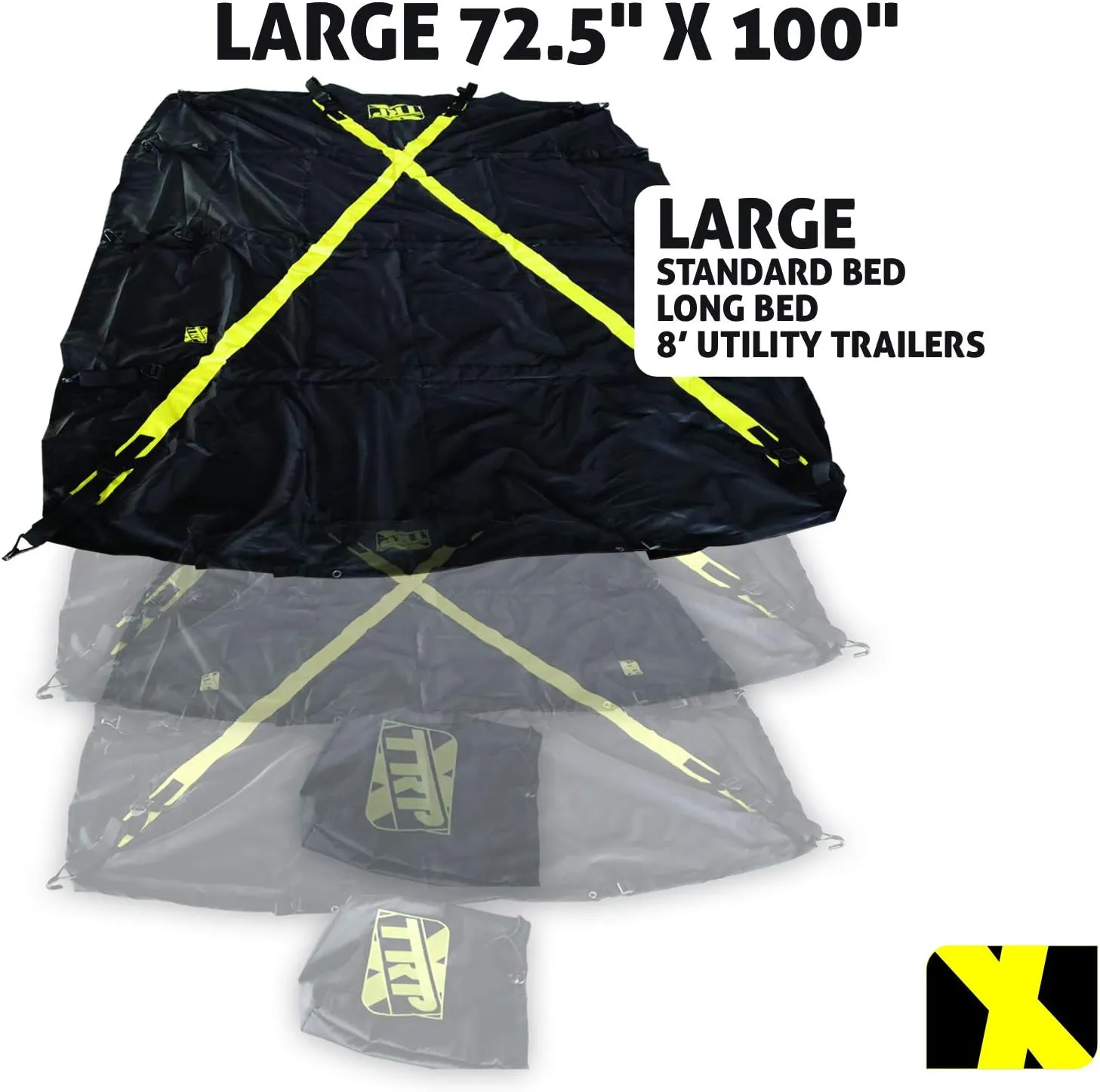 The X-Cover by TRPx - Trailer and Truck Bed Cover Large - Integrated Heavy Duty Black Tarp and Tie Down System. Fits: Standard Bed, Long Bed Trucks and Utility trailers up to 8' long.