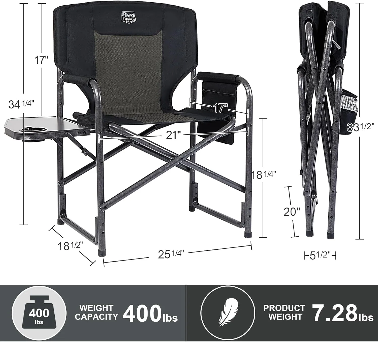 TIMBER RIDGE Aluminum Oversized Camping Chair, Lightweight Portable Directors Chair with Side Table Detachable Side Pocket for Outdoor Camping, Lawn, Picnic, Support 400lbs Black