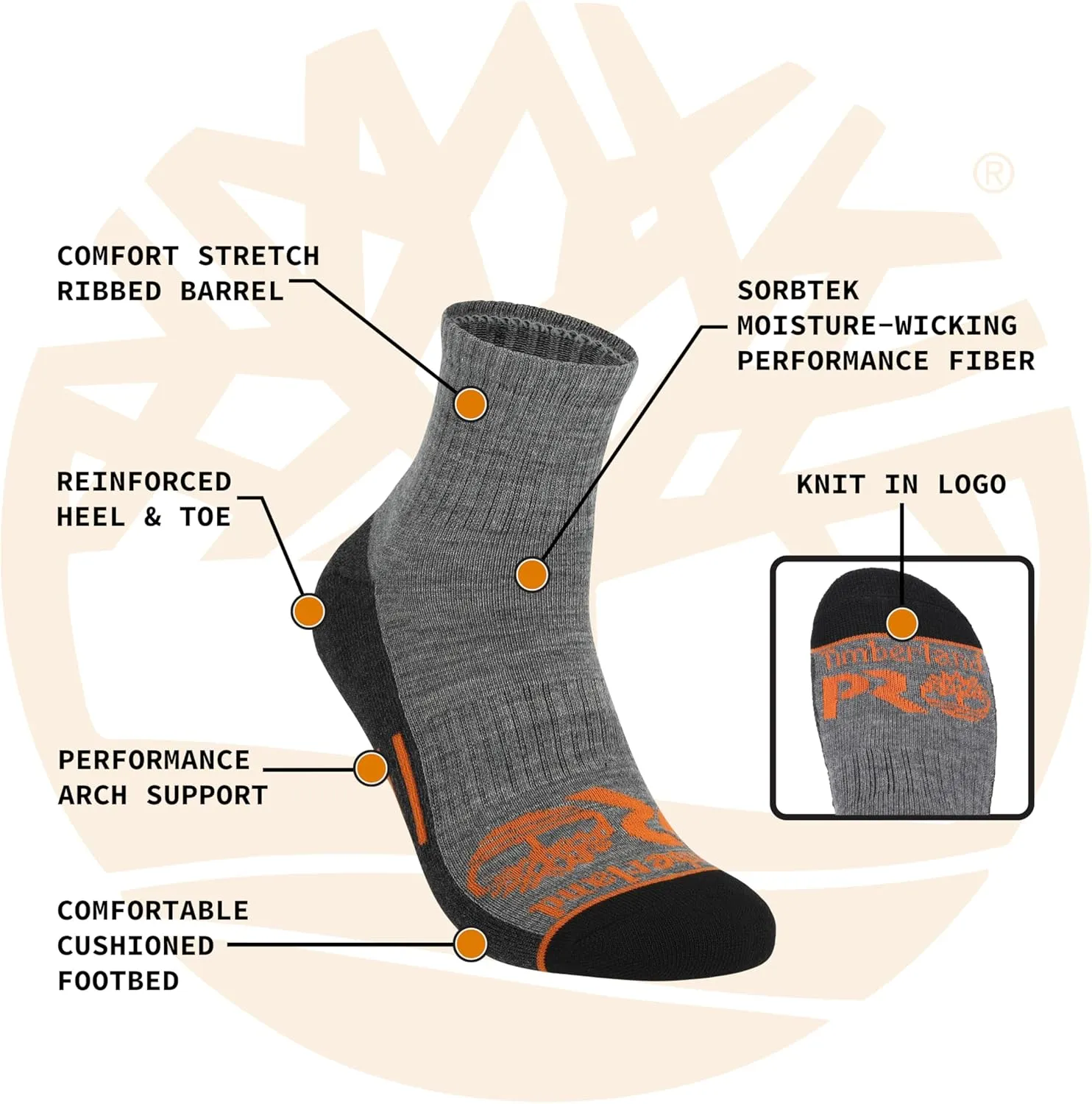 Timberland PRO Work, Quarter, Sorbtek Moisture Control Mens Socks, Arch Support, Cushioned Footbed