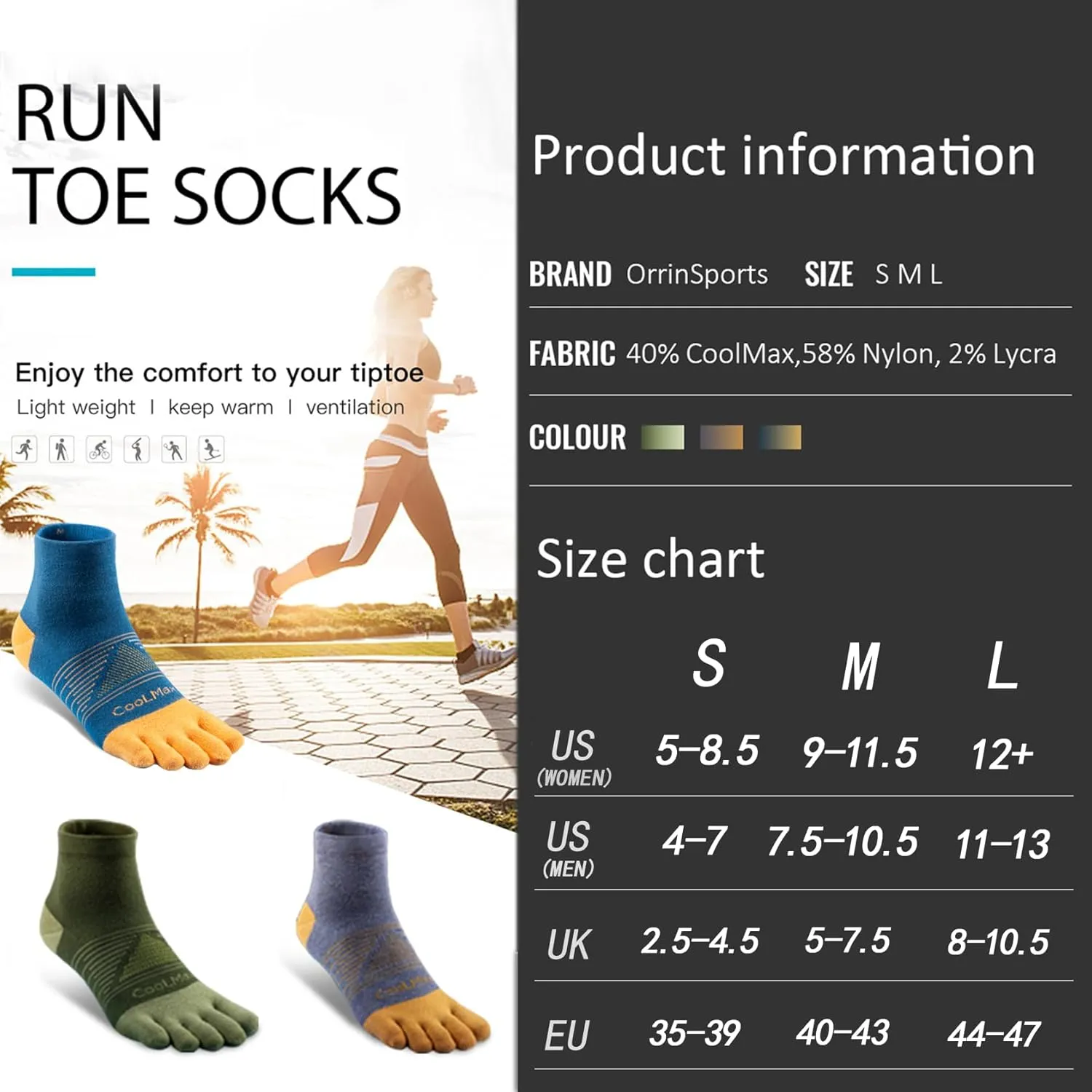 Toe Socks Cool-max Running Socks for Men Women 3 Pairs Athletic Breathable Five Finger Socks