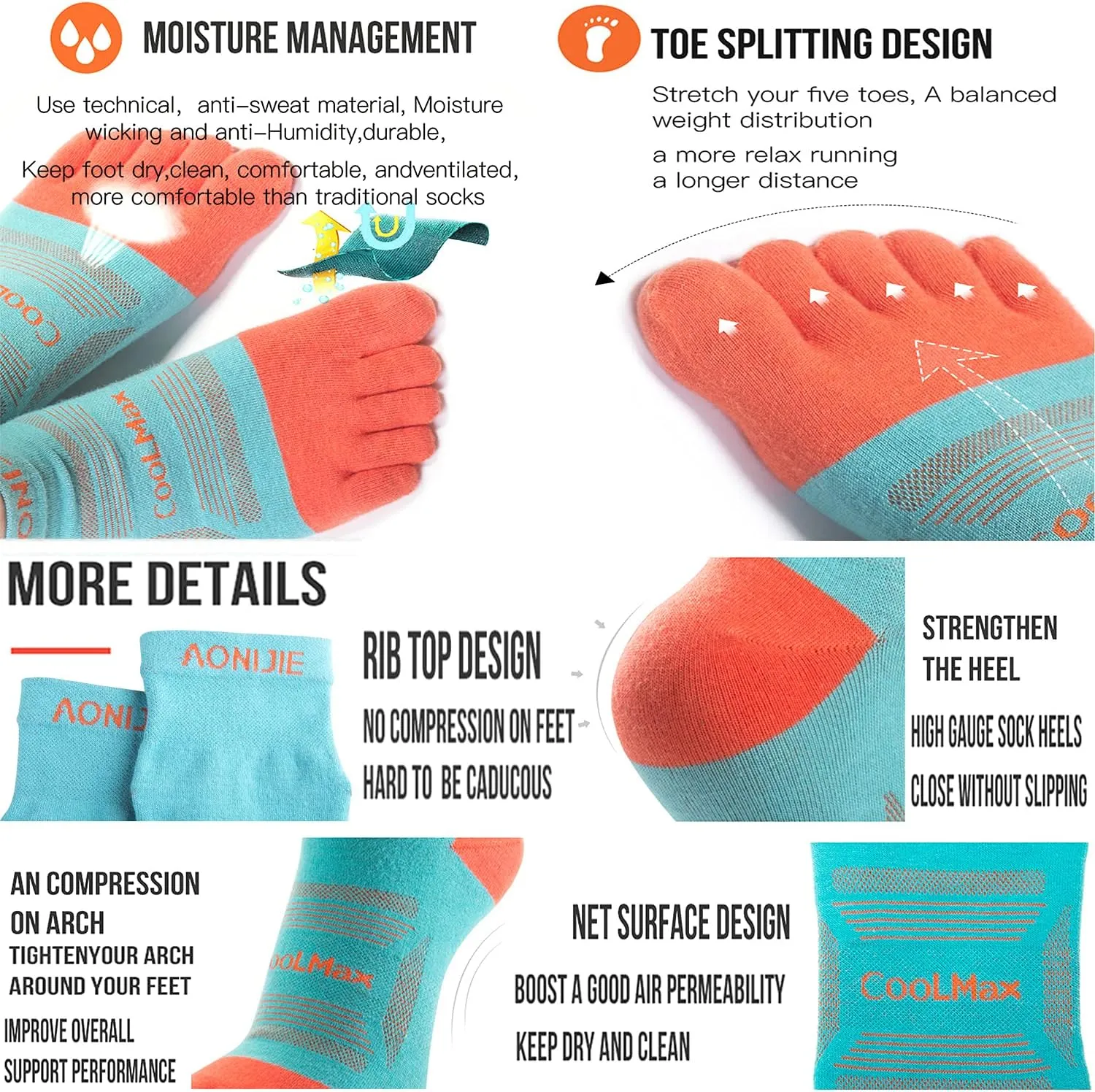 Toe Socks Cool-max Running Socks for Men Women 3 Pairs Athletic Breathable Five Finger Socks