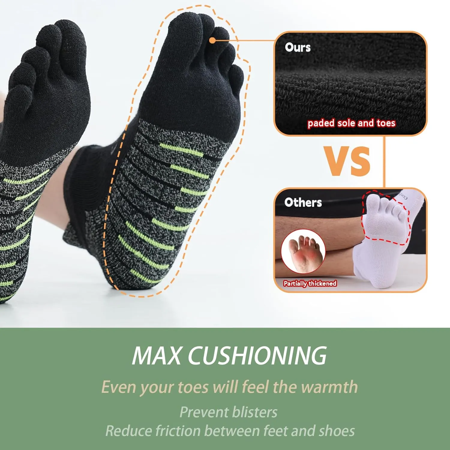 Toe Socks for Men and Women Cushioned Cool-max Running Socks Athletic Ankle Five Finger Socks (3 Pack)