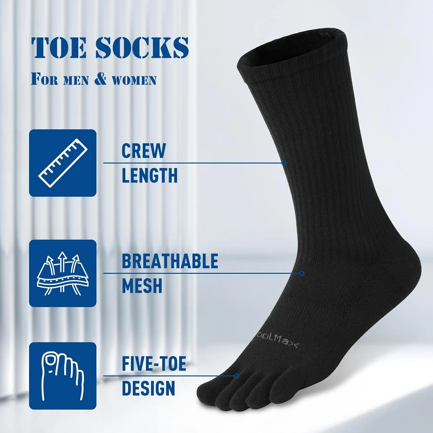 Toe Socks for Men Women Coolmax Crew Socks 3 Pairs Running Socks Athletic Breathable Five Finger Socks