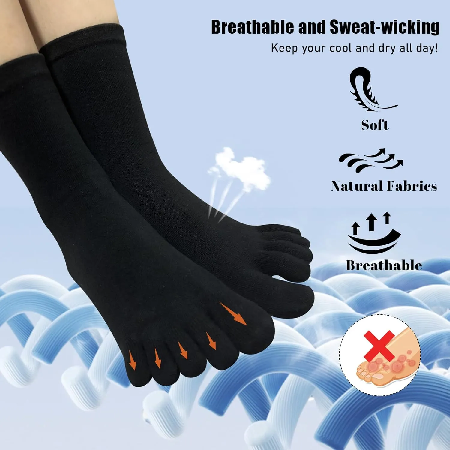 Toe Socks for Men Women - Five Finger Socks Cotton Crew Breathable for Athletic Running Sports 5 Pairs 9-13