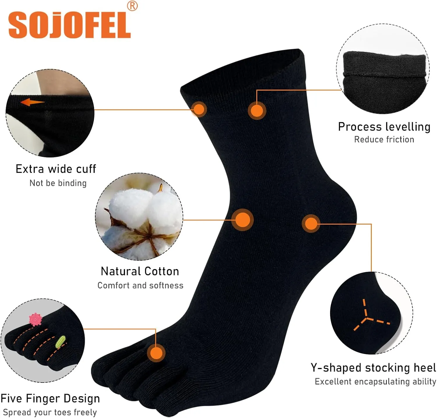 Toe Socks for Men Women - Five Finger Socks Cotton Crew Breathable for Athletic Running Sports 5 Pairs 9-13
