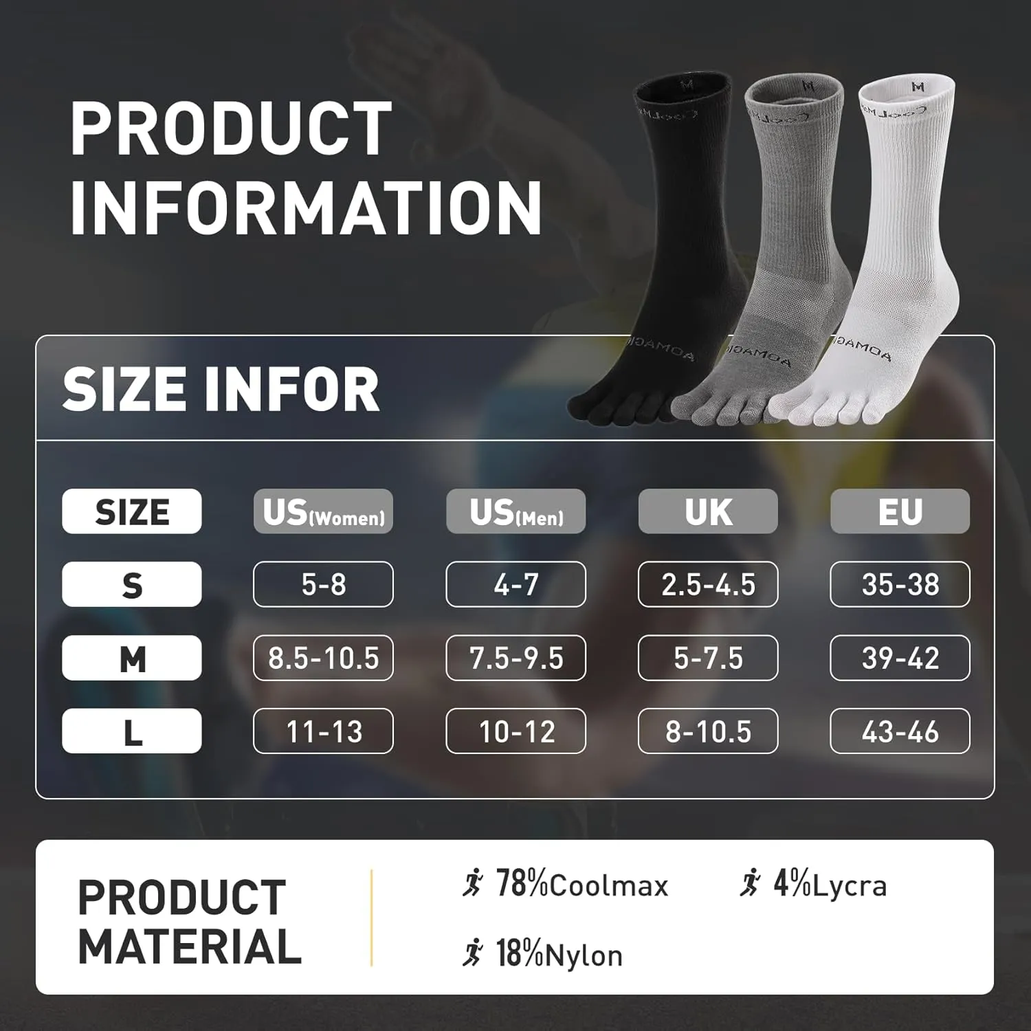 Toe Socks Liner Crew Socks for Men Women Cool-max Running Socks 3 Pairs Five Finger Socks