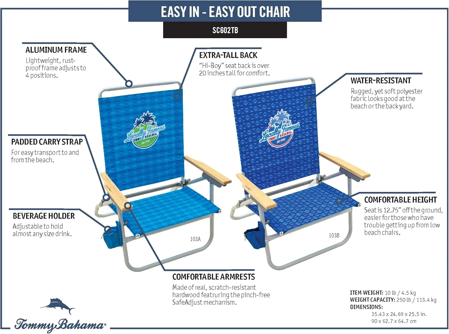 Tommy Bahama 4-Position Easy in-Easy Out Folding Beach Chair, Blue