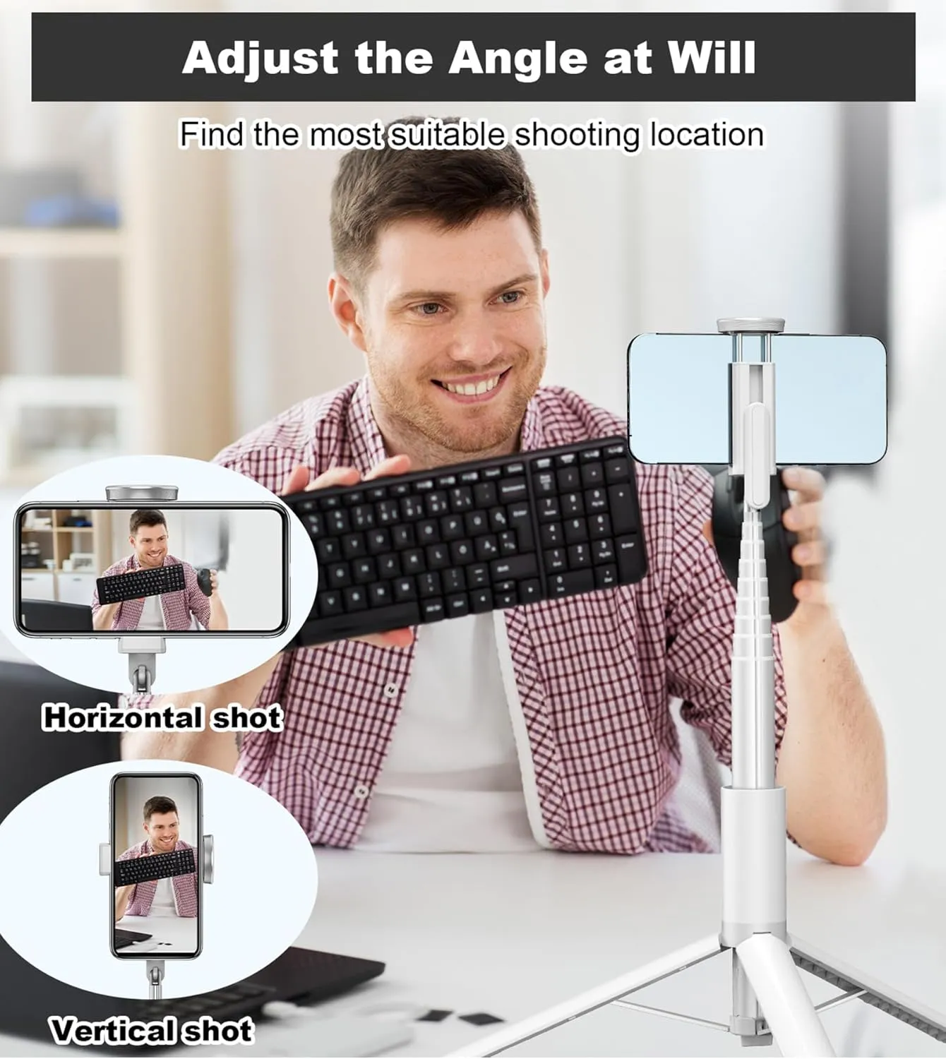 TONEOF 67" Travel Tripod,Selfie Stick,All-in-1 Phone Stand with Integrated Wireless Remote,Lightweight and Portable,Extendable for iPhone and Android(White)