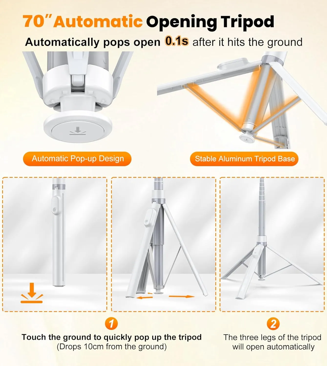 TONEOF 70" Automatic Tripod,Auto-Open Phone Tripod Stand with Magnetic Rechargable Remote,360° Vertical & Horizontal Rotatable Travel Tripod,Stable Cell Phone Tripod for iPhone/Android(White)