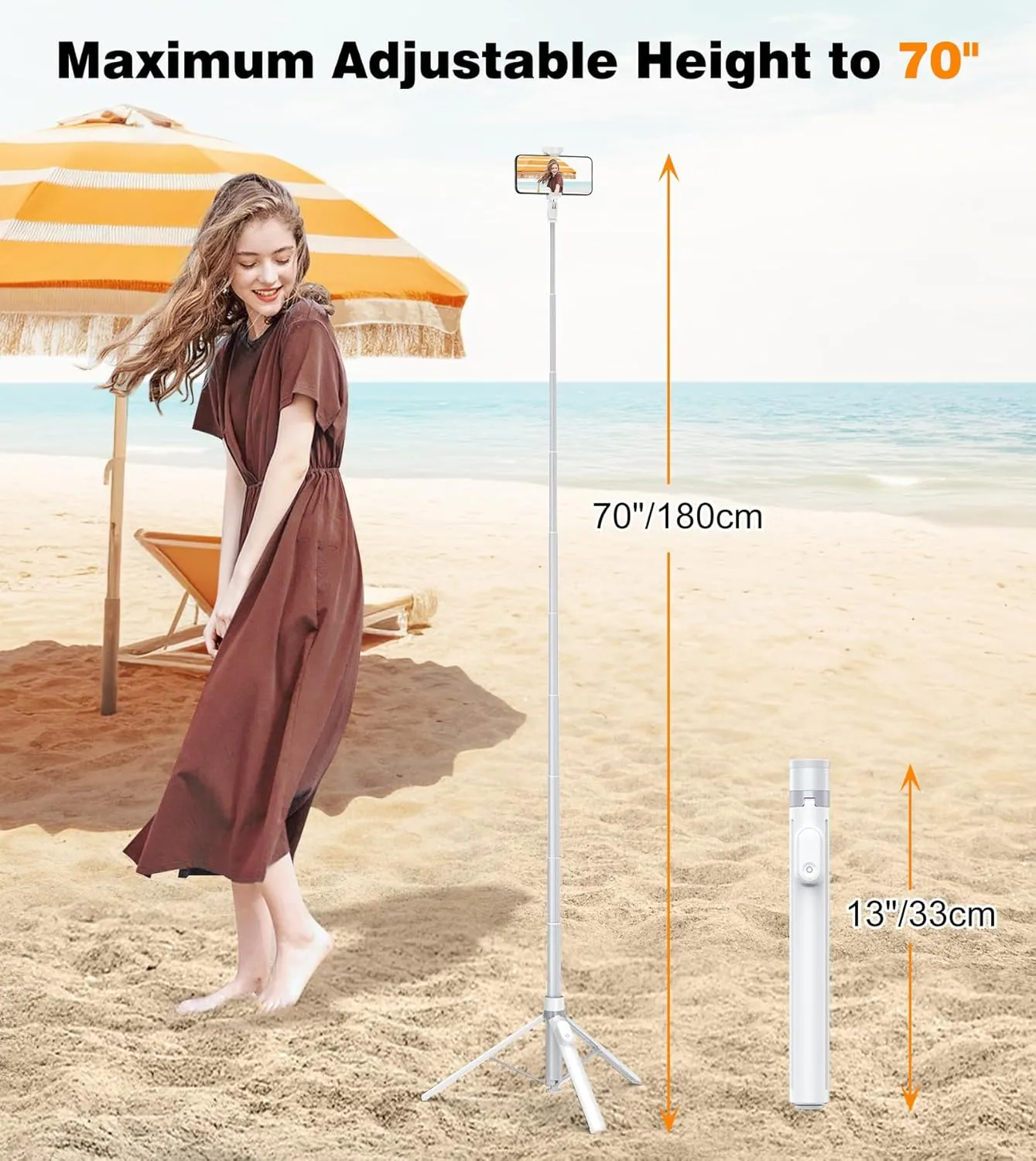 TONEOF 70" Automatic Tripod,Auto-Open Phone Tripod Stand with Magnetic Rechargable Remote,360° Vertical & Horizontal Rotatable Travel Tripod,Stable Cell Phone Tripod for iPhone/Android(White)
