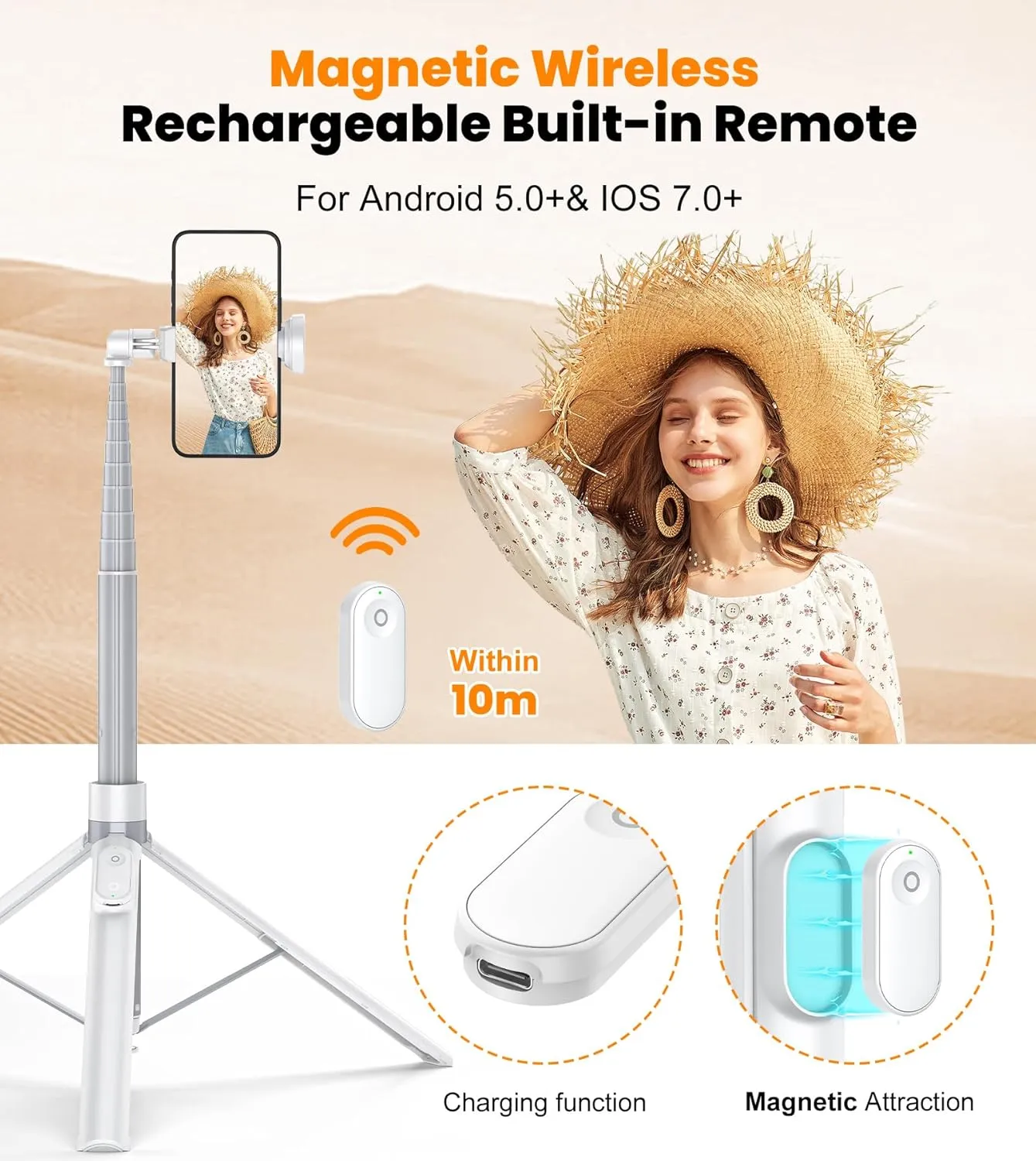 TONEOF 70" Automatic Tripod,Auto-Open Phone Tripod Stand with Magnetic Rechargable Remote,360° Vertical & Horizontal Rotatable Travel Tripod,Stable Cell Phone Tripod for iPhone/Android(White)