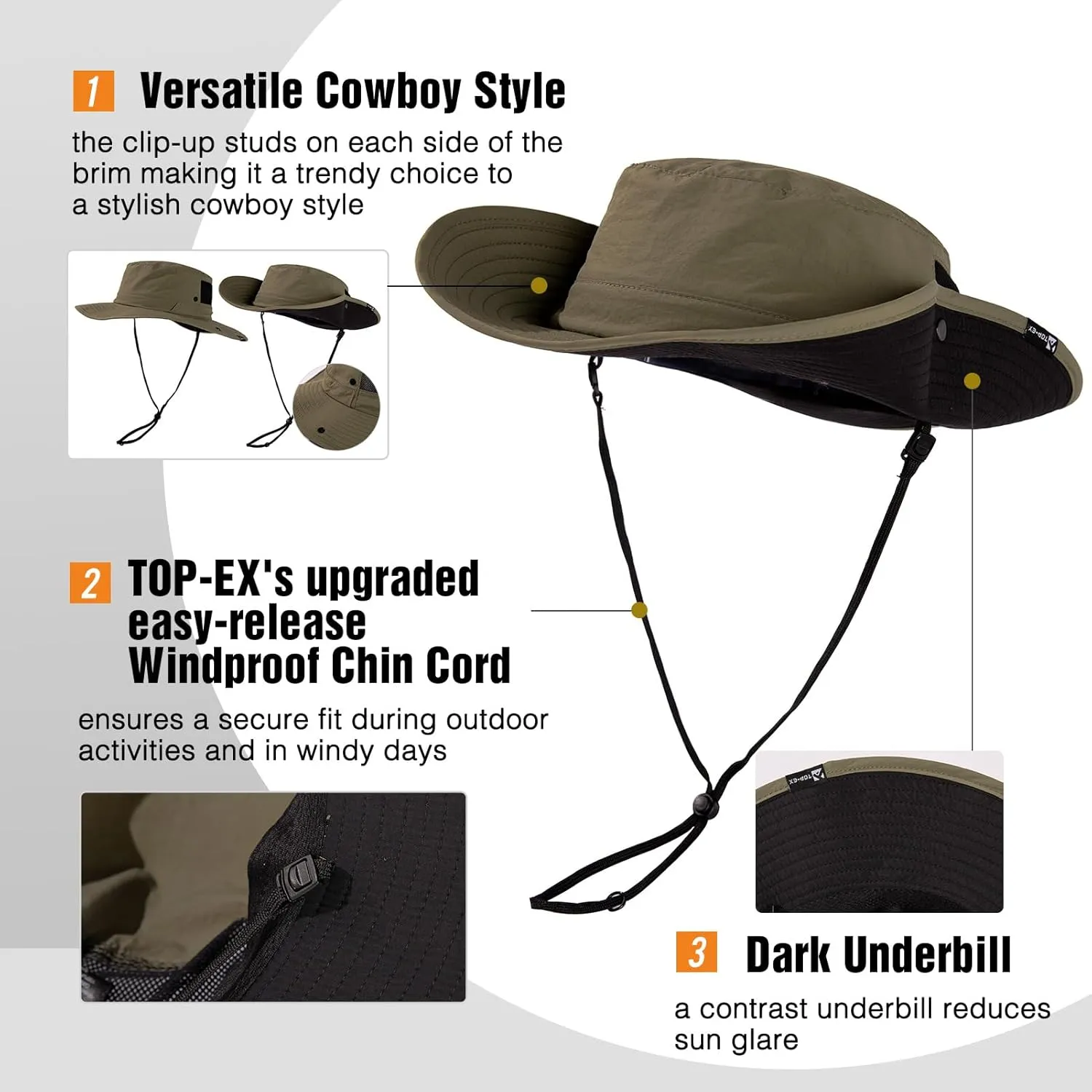 TOP-EX L/XL/XXL UV50  Waterproof Wide Brim Bucket Sun Hat for Summer Fishing Hiking w/Detachable Strap & Vented Mesh