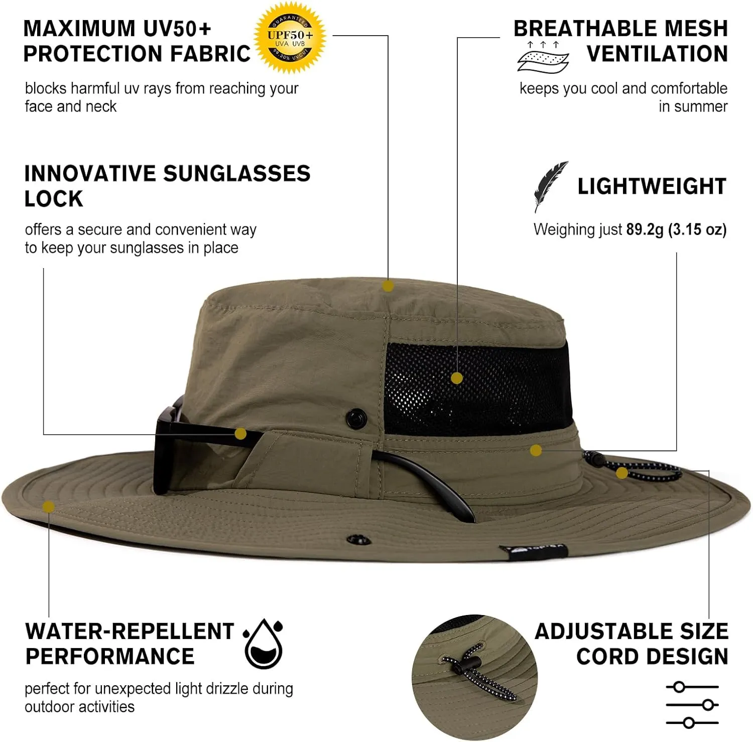 TOP-EX L/XL/XXL UV50  Waterproof Wide Brim Bucket Sun Hat for Summer Fishing Hiking w/Detachable Strap & Vented Mesh