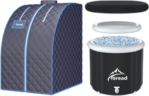 TOREAD Sauna and Cold Plunge XL Combo-Single Personal Steam Sauna Spa Portable Folding Steam Sauna with 1000W&2.6L steam Generator and XL Ice Bath Tub-112gal Portable Cold Plunge Tub with Carry Bag