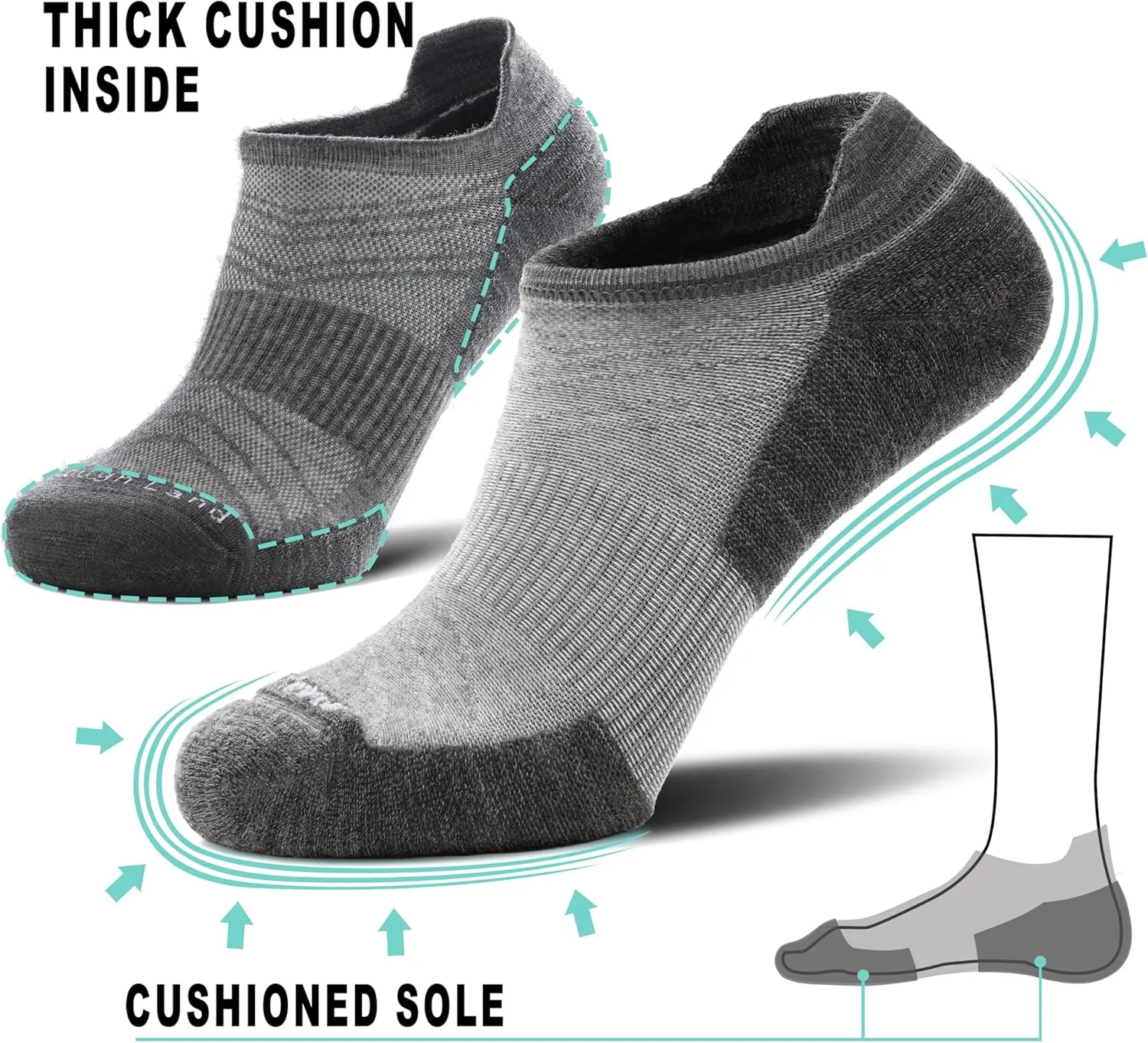 Toughland Merino Wool Socks for Men & Women – 80% Merino Wool, No Show, Lightweight, Cushioned for Running, Hiking