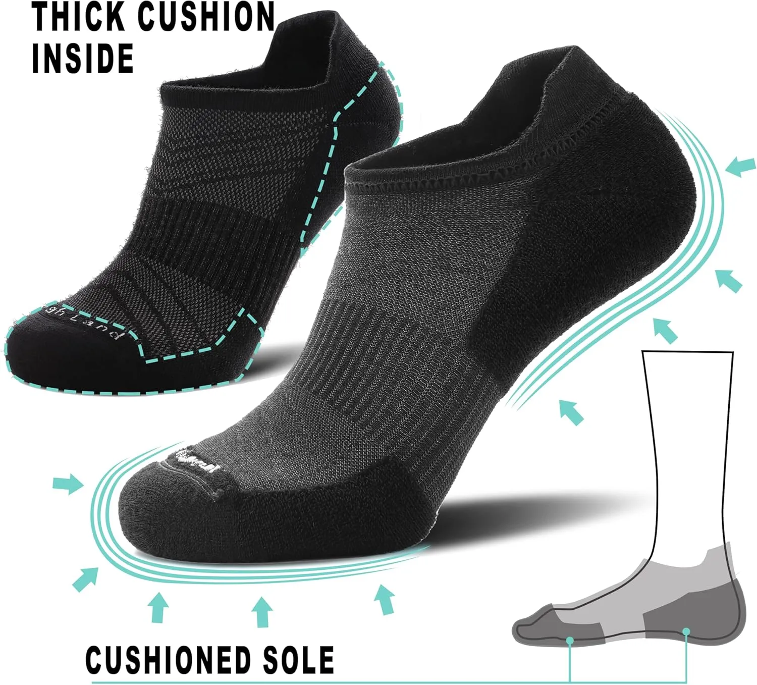 Toughland Merino Wool Socks for Men & Women – 80% Merino Wool, No Show, Lightweight, Cushioned for Running, Hiking