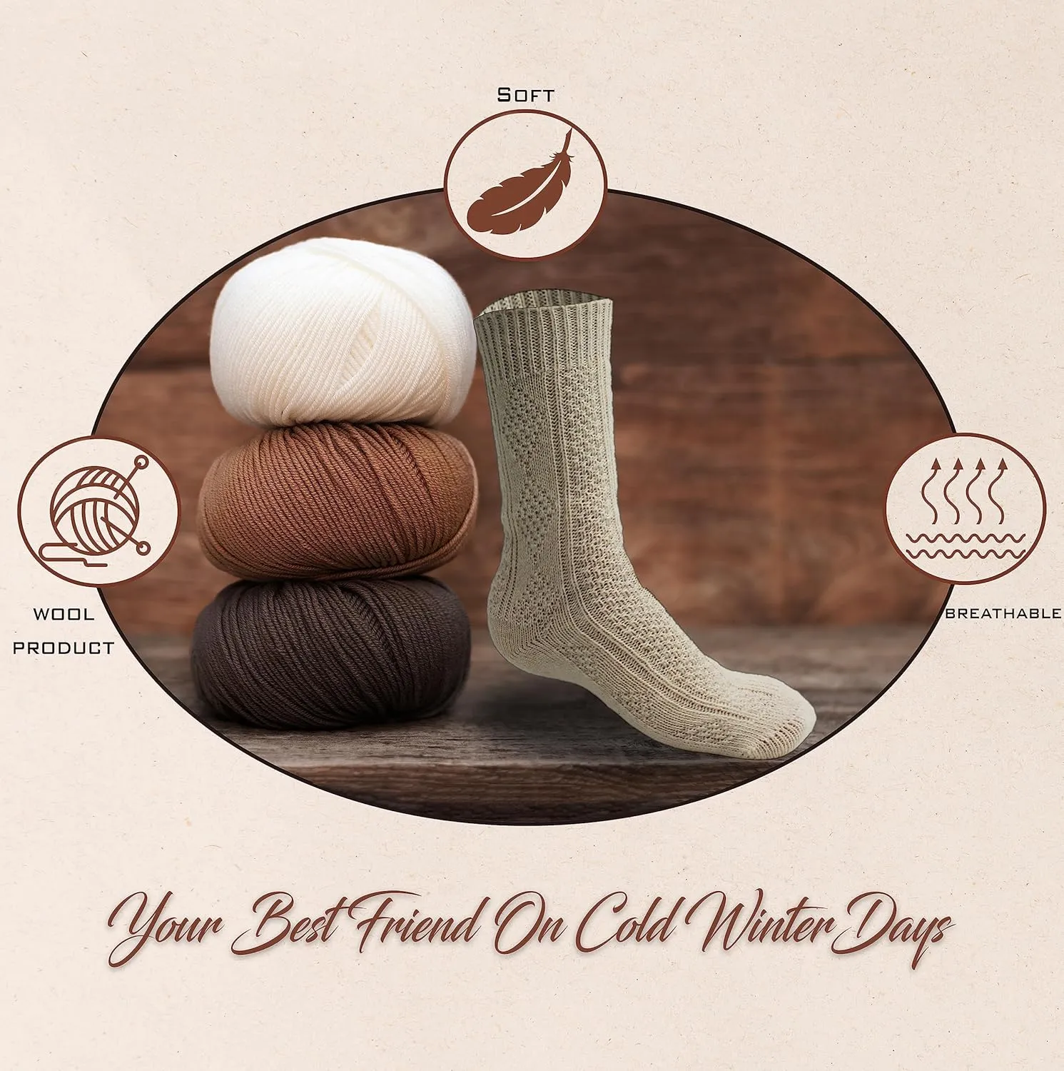 Traditional Vintage Motif Merino Wool Thick Boot Warm Hiking Socks Women and Men Outdoor Athlete Warm Suitable Winter