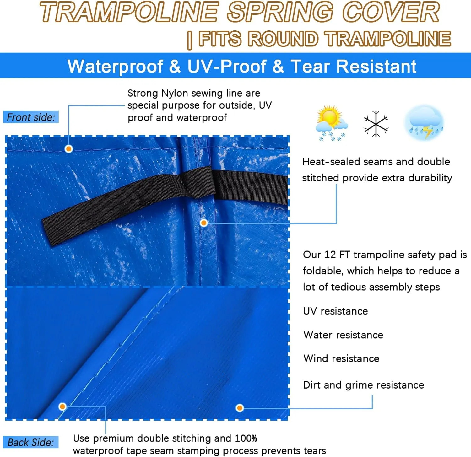 Trampoline Pad Replacement, 12FT 14FT 15FT Trampoline Spring Cover, Thickened EPE Foam Tear-Resistant Waterproof Safety Pad, No Holes for Pole
