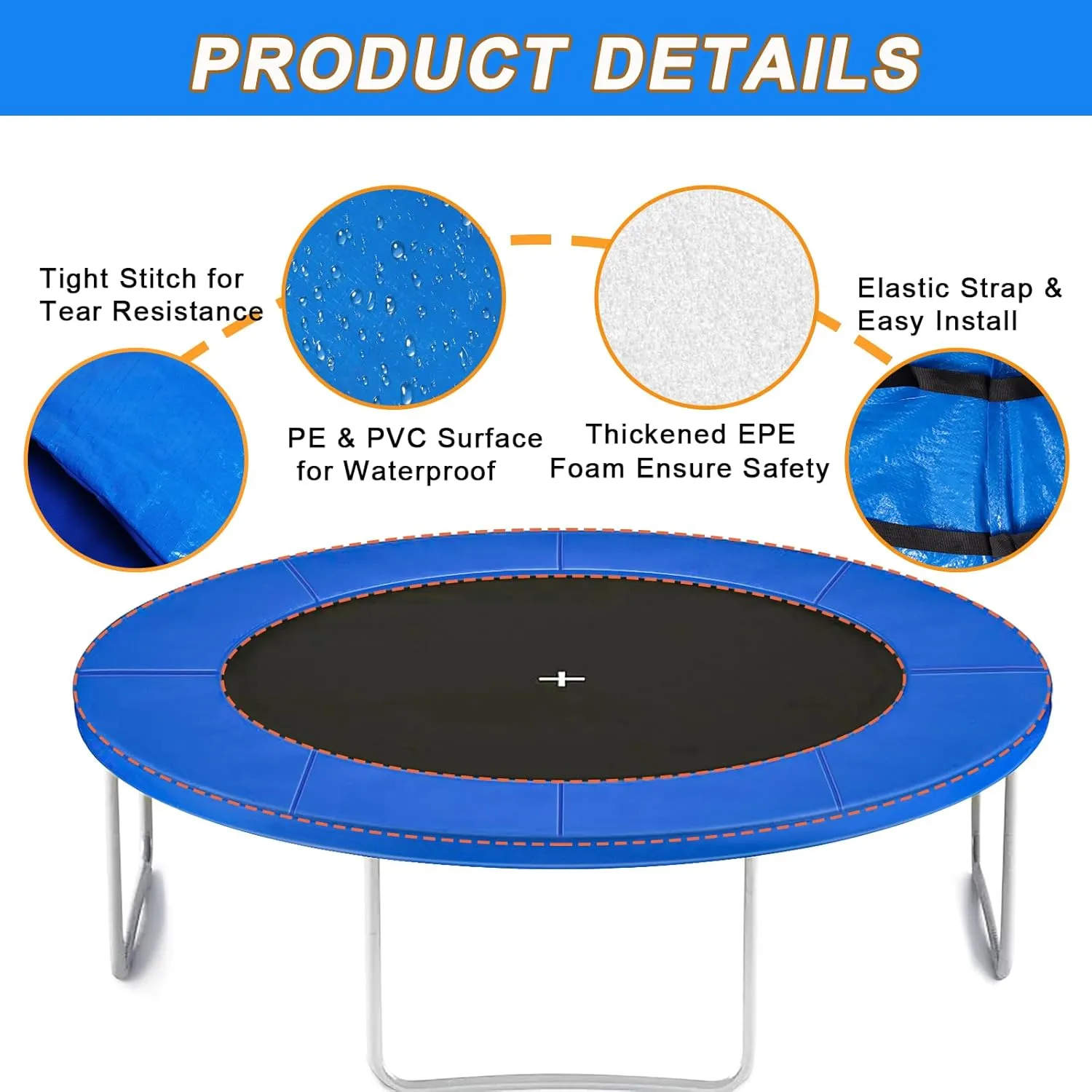 Trampoline Pad Replacement, 12FT 14FT 15FT Trampoline Spring Cover, Thickened EPE Foam Tear-Resistant Waterproof Safety Pad, No Holes for Pole