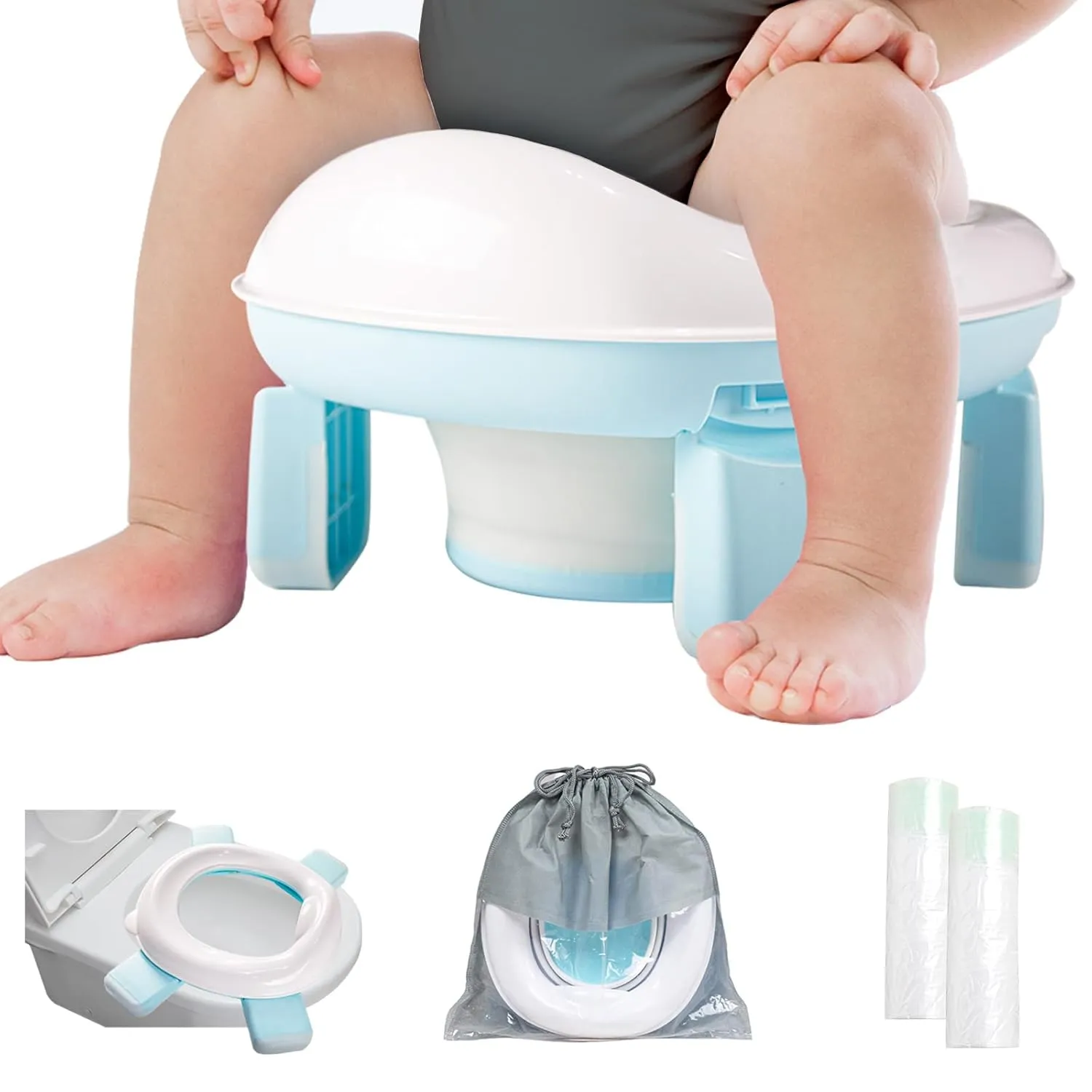 Travel Potty, 2 in 1 Stable Training Seat with Liners for Toddler, Portable and Foldable Toilet with Handbag, Easy to Set Up and Clean, Apply to Car and Camping with Splash Guard(Aqua)