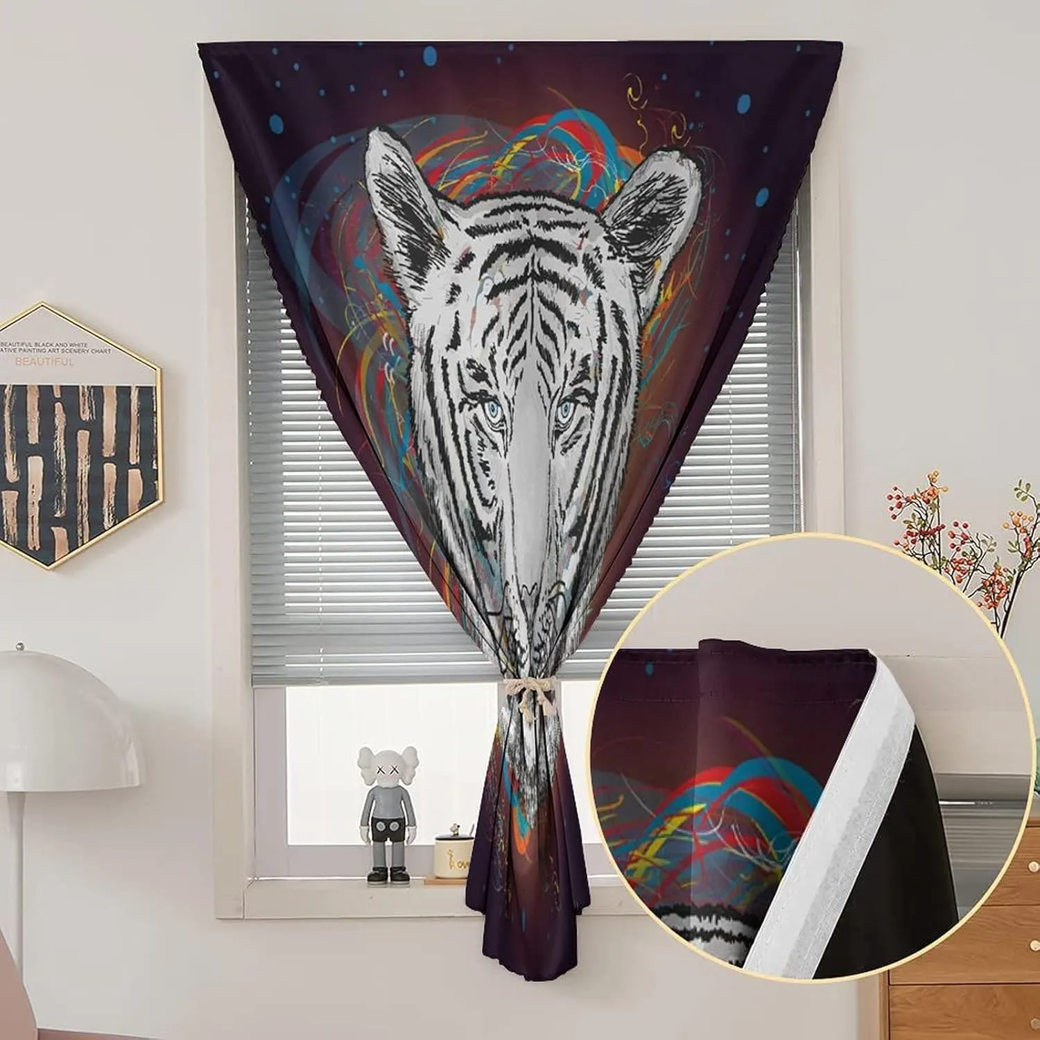 Travel Windows Blackout Curtain, Animal Curtain Shades, Modern Image White Tiger Lion Head From Outer Space Print Adjustable Temporary Blackout Shades,26W x40L Inch, for Kitchen Bathroom Living Room