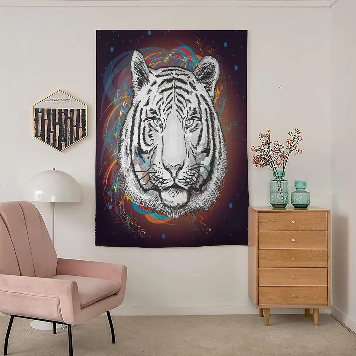 Travel Windows Blackout Curtain, Animal Curtain Shades, Modern Image White Tiger Lion Head From Outer Space Print Adjustable Temporary Blackout Shades,26W x40L Inch, for Kitchen Bathroom Living Room