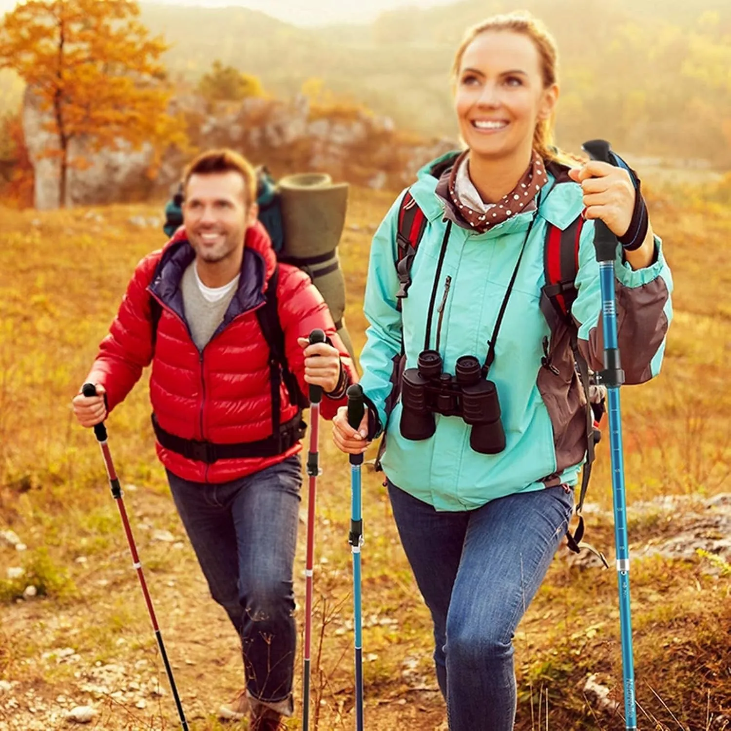 Trekking Poles, Foldable and Adjustable Trekking Poles, High Grip and Durable, Soft and Comfortable Handle, Easy to Store, Suitable for Hiking and Climbing (Red 2PCS)