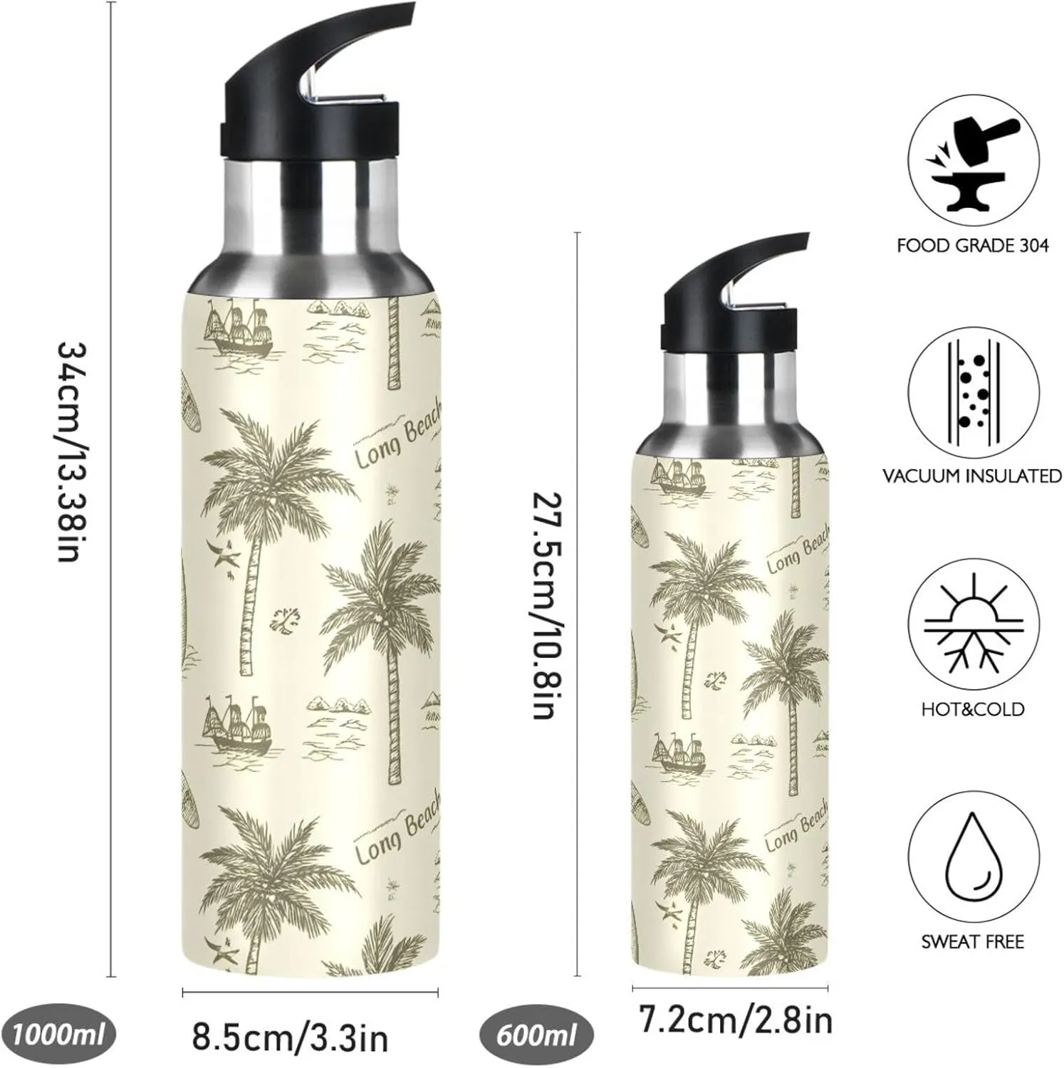 Tropical Palms Sports Water Bottle with Straw, 22oz BPA Free Stainless Steel Vacuum Insulated Bottle for Gym Fitness Outdoor